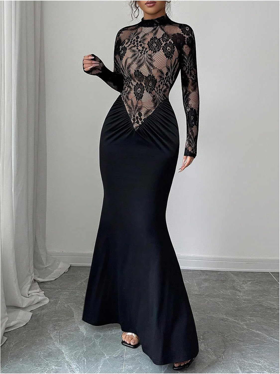 GORGLITTER Women's Lace Fishtail Maxi Dress Elegant Long Sleeve Mock Neck Cocktail Birthday Party Prom Fromal Dresses - Image 3