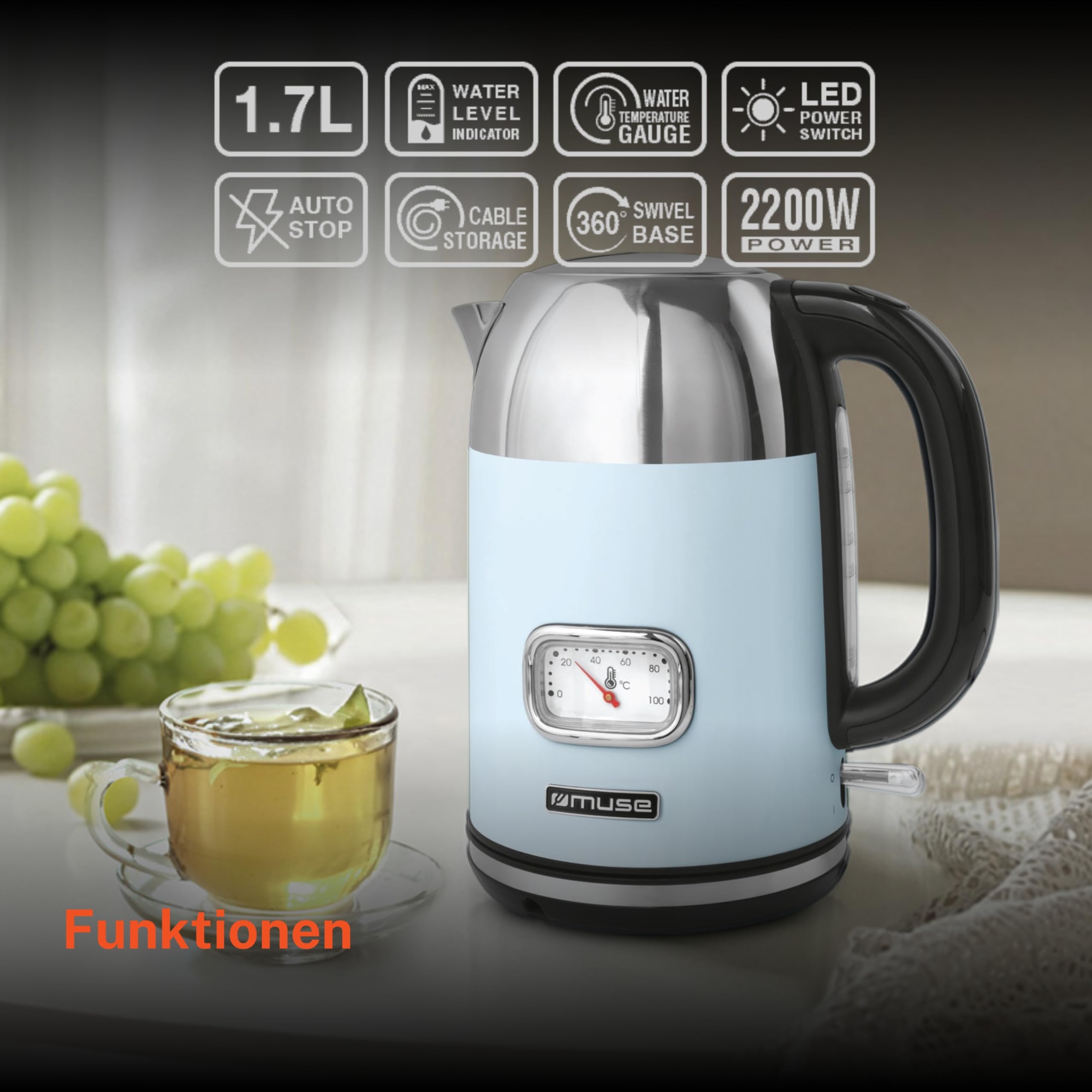 Muse Hervidor retro de acero inoxidable con pantalla analógica de temperatura, filtro lavable, escala transparente, capacidad de 1,7 l, apagado automático, azul pastel
