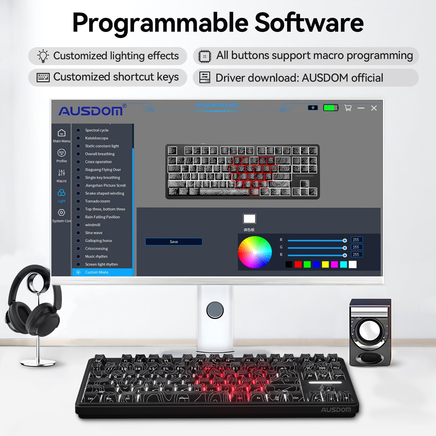Screenshot of the programmable software for AUSDOM Hola 87 keyboard, showing options for customized lighting effects, macro programming, and customized shortcut keys. A note indicates driver download from AUSDOM official webസൈറ്റ്.