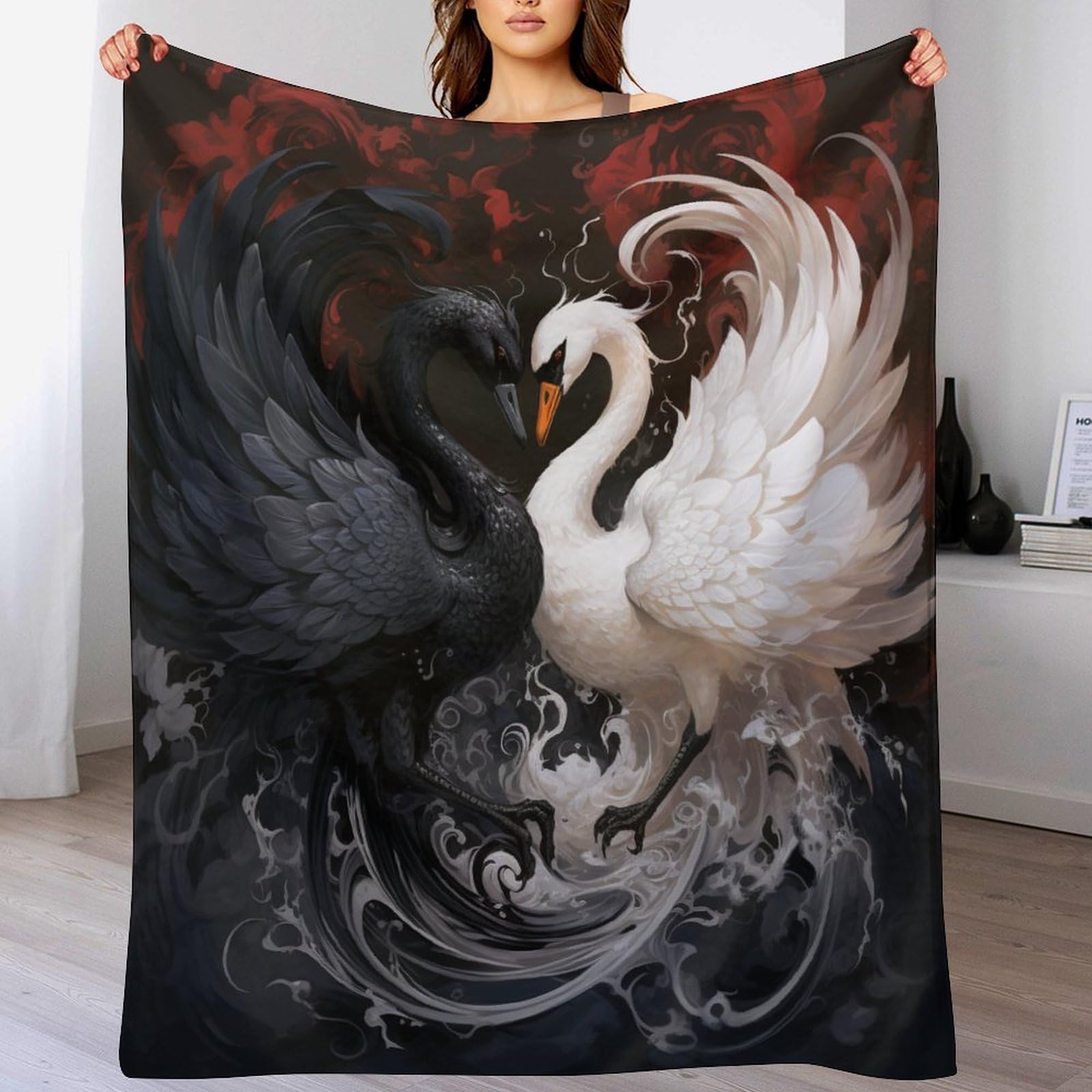 Couverture motif cygne premium en polaire flanelle douce et chaude pour literie et canapé toutes saisons