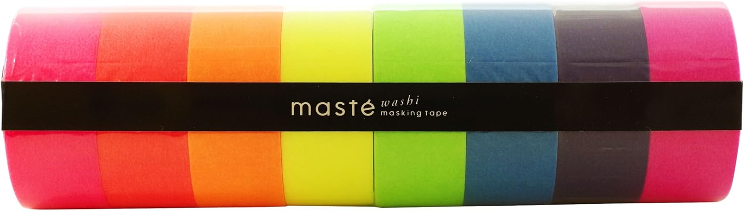 MARK'STYLE TOKYO Japanese Washi Masking Tape Set of 8 Mini Rolls- Starter Set Maste Visible Neon Solid