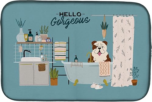 Miniatura 336 de Caroline's Treasures CK7824DDM - Tapete absorbente para secado de platos con diseño de bulldog inglés, rojo y blanco, para encimera de cocina, 14 x