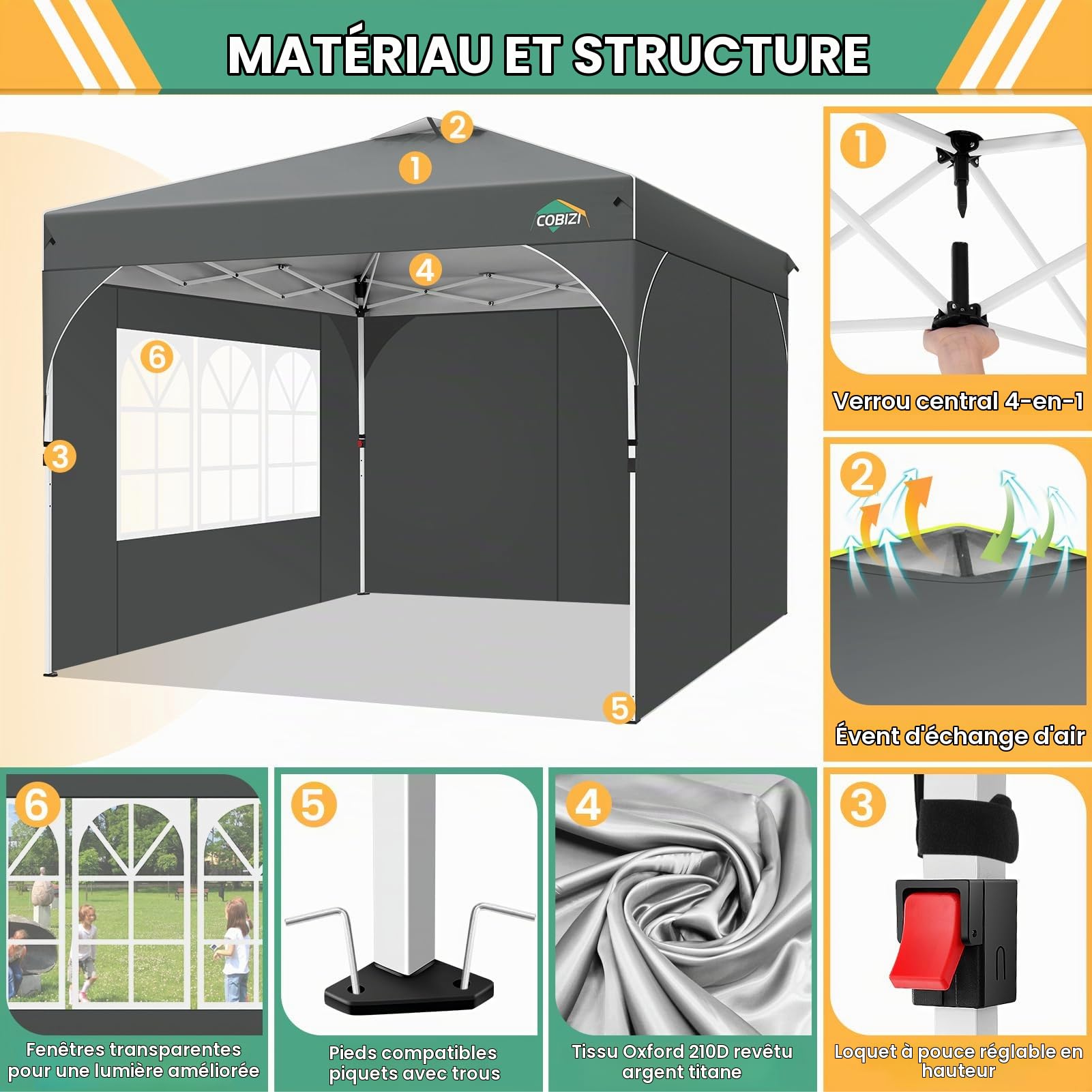COBIZI Tonnelle Pliante 3x3 Imperméable Tonnelle De Jardin Exterieur, 3 Panneaux Latéraux, Tonnelle Pliante Imperméable, Convient pour Le Camping, Les Festivals, Gris