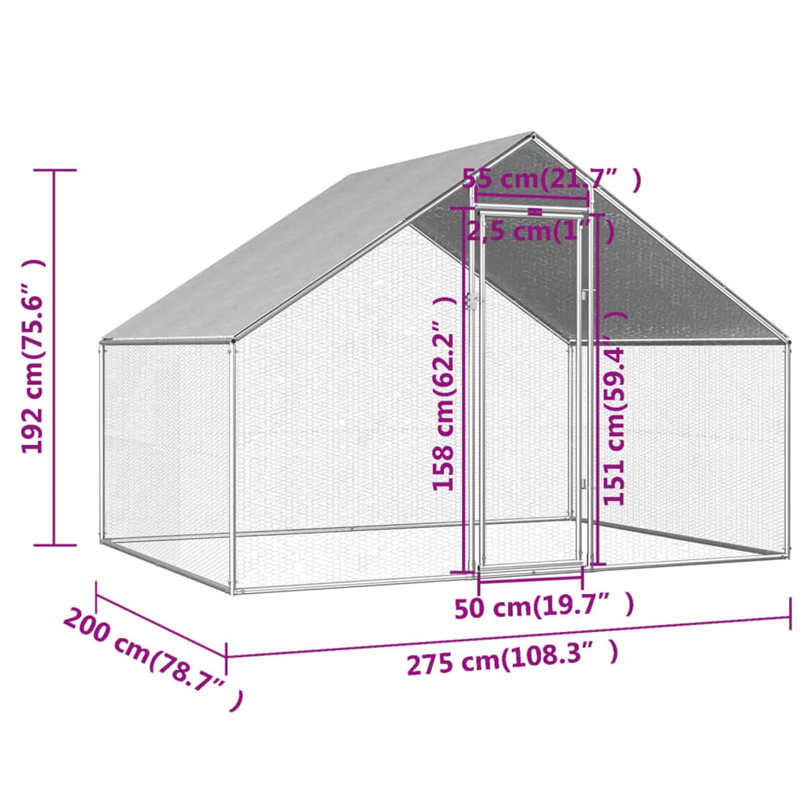 GuyAna Jaula gallinero de Exterior de Acero galvanizado 2,75x2x1,92 m Jaulas para Gallinas