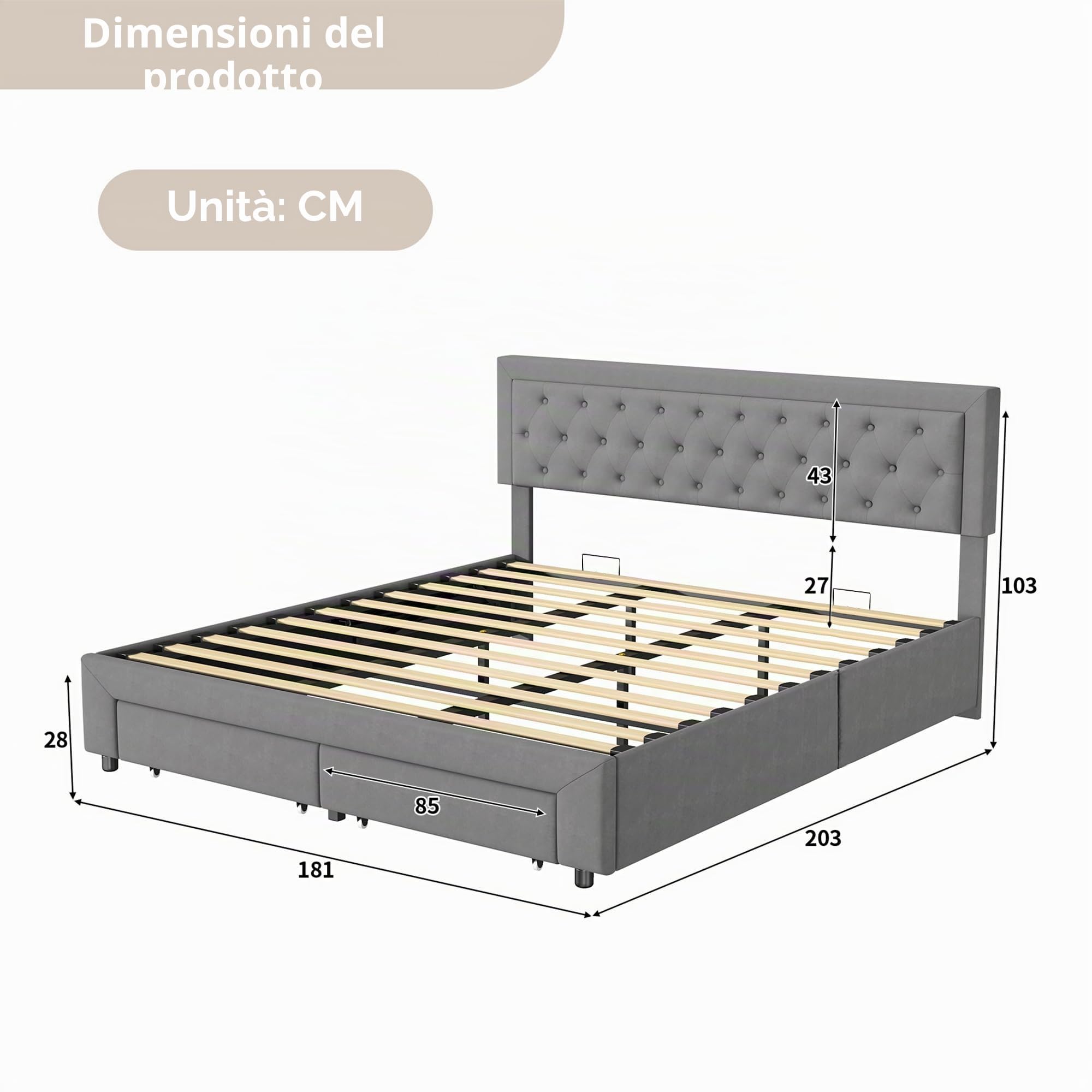 Letto Matrimoniale King Size 180x200cm con Stoccaggio Idraulico e 2 Cassetti, Letto Matrimoniale con Testiera e Sommier, in Velluto, Design Moderno (Senza Materasso)