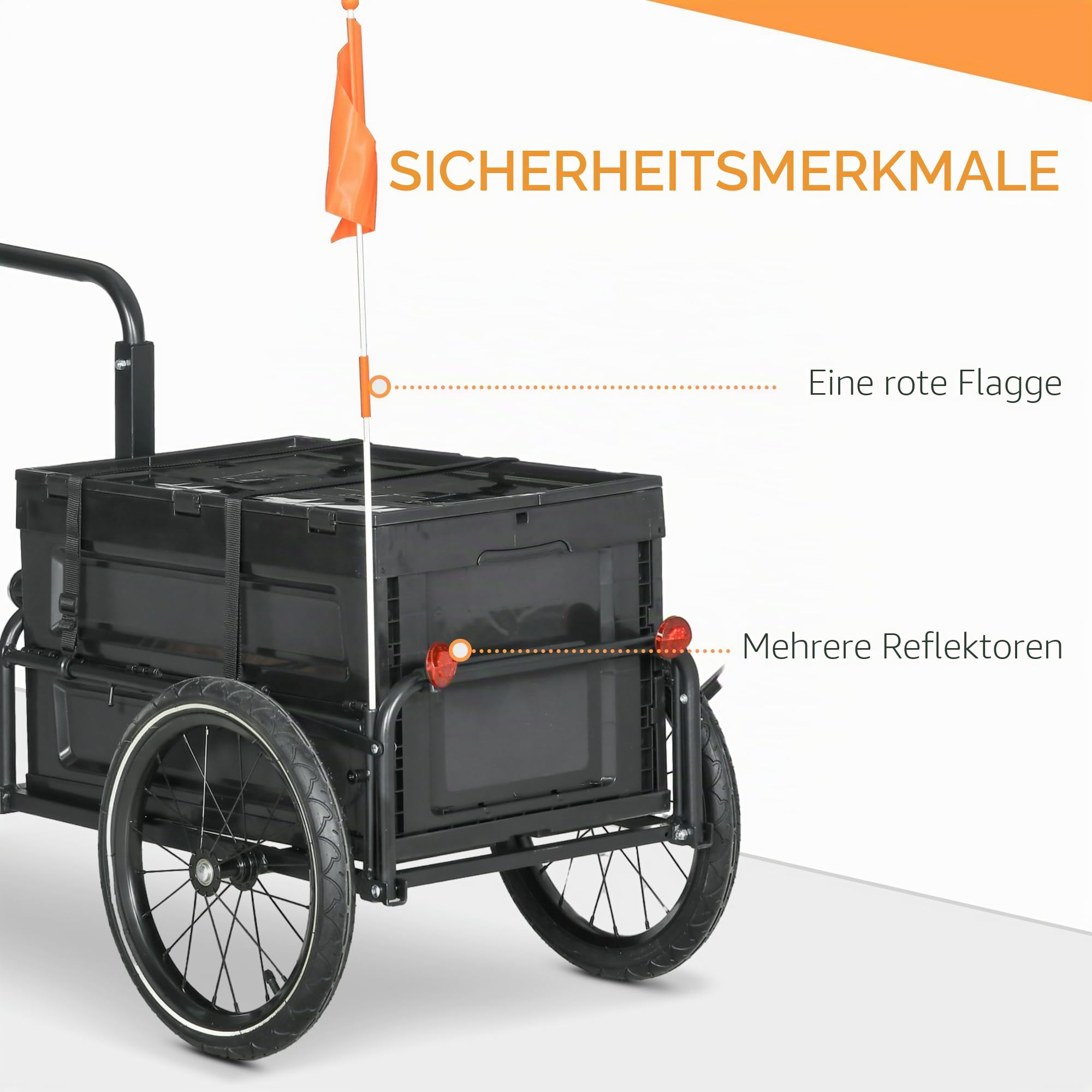 HOMCOM Fahrradanhänger mit Aufbewahrungsbox, abnehmbar und faltbar, 65 l, Reifen und Sicherheitsreflektoren, maximale Belastung 40 kg