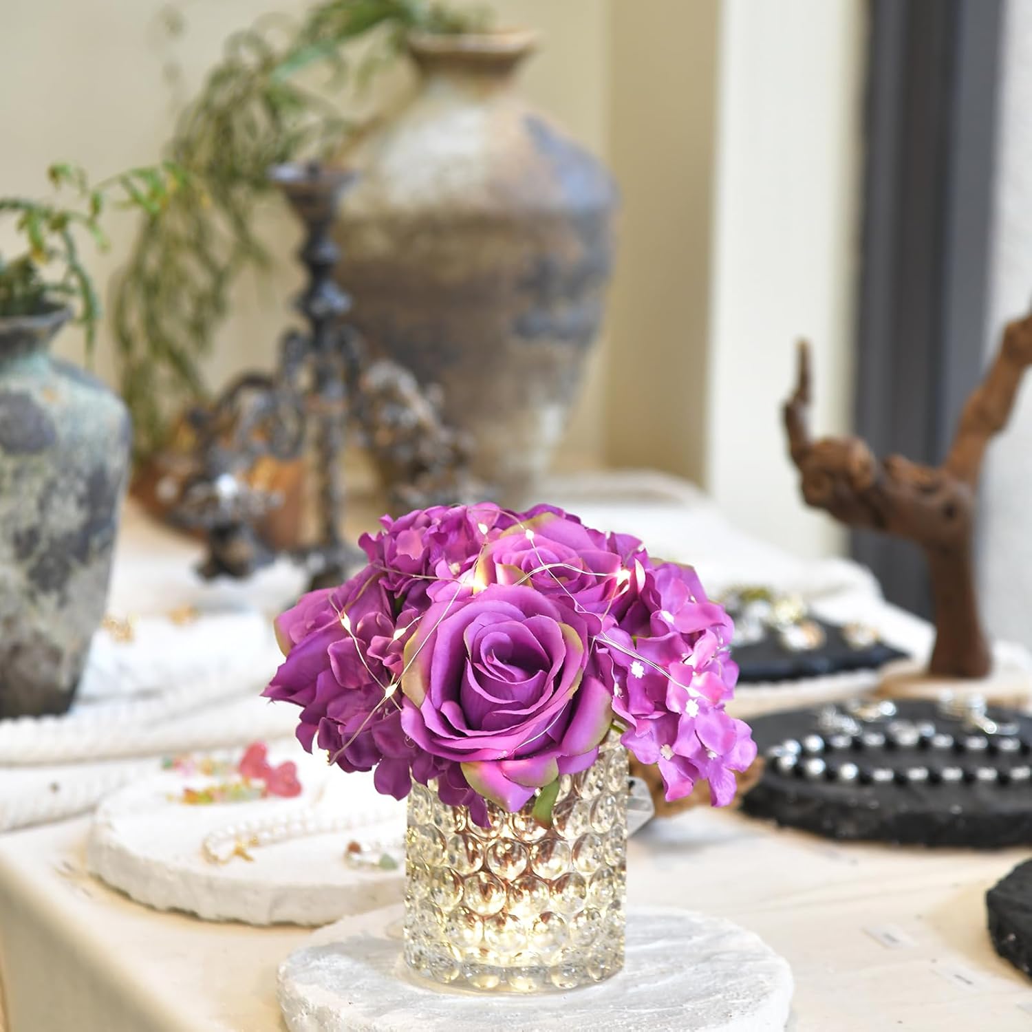 Rose Silk Flower Arrangement Artificial Vivid Rose in Glass Vase with LED Light Elegant Centerpiece for Home Wedding Bathroom Table Shelf Decoration (Purple) - Image 5