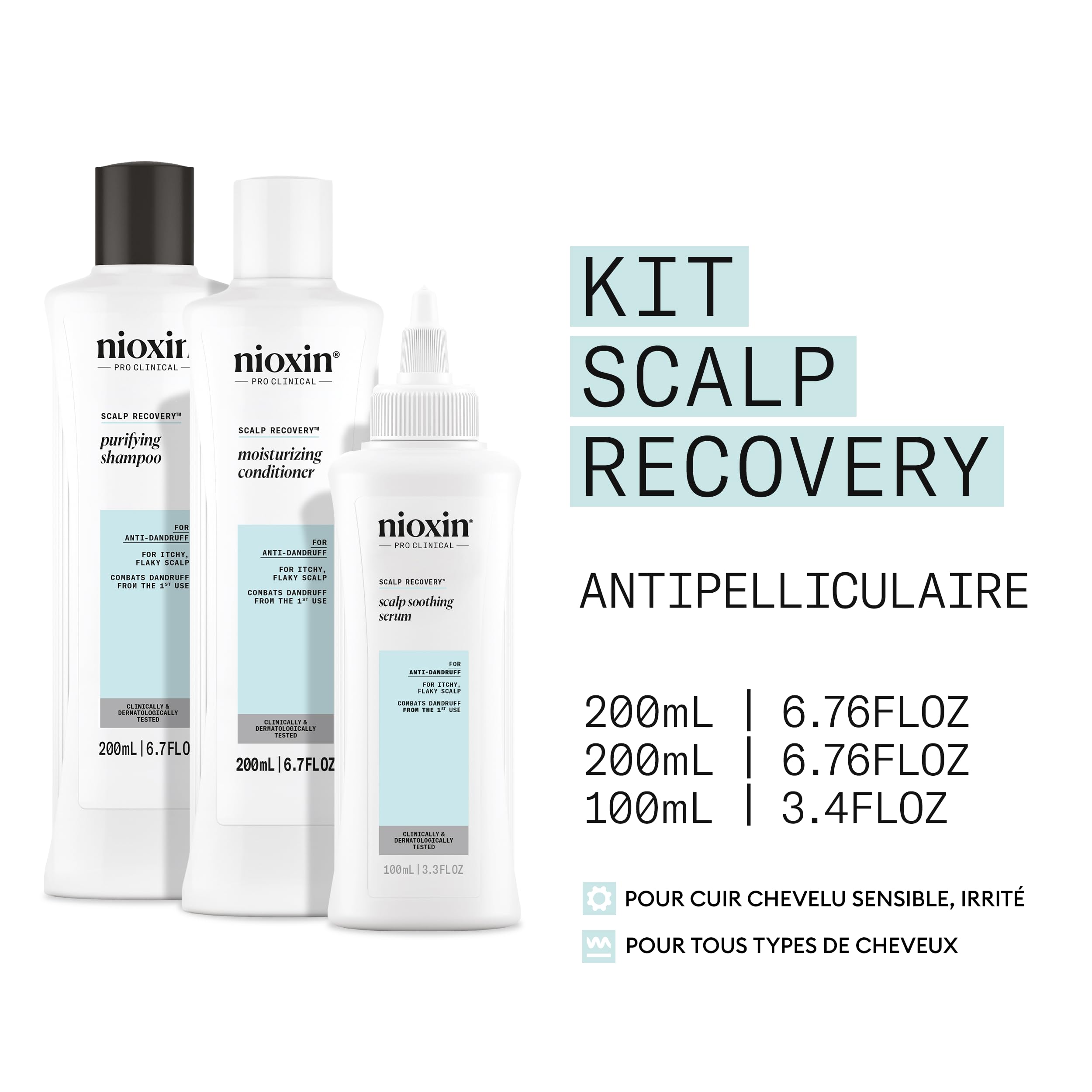 NIOXIN Scalp Recovery - Antipelliculaire et Anti-Démangeaisons - Kit/Shampoing/Après-Shampoing/Sérum apaisant/Exfoliant
