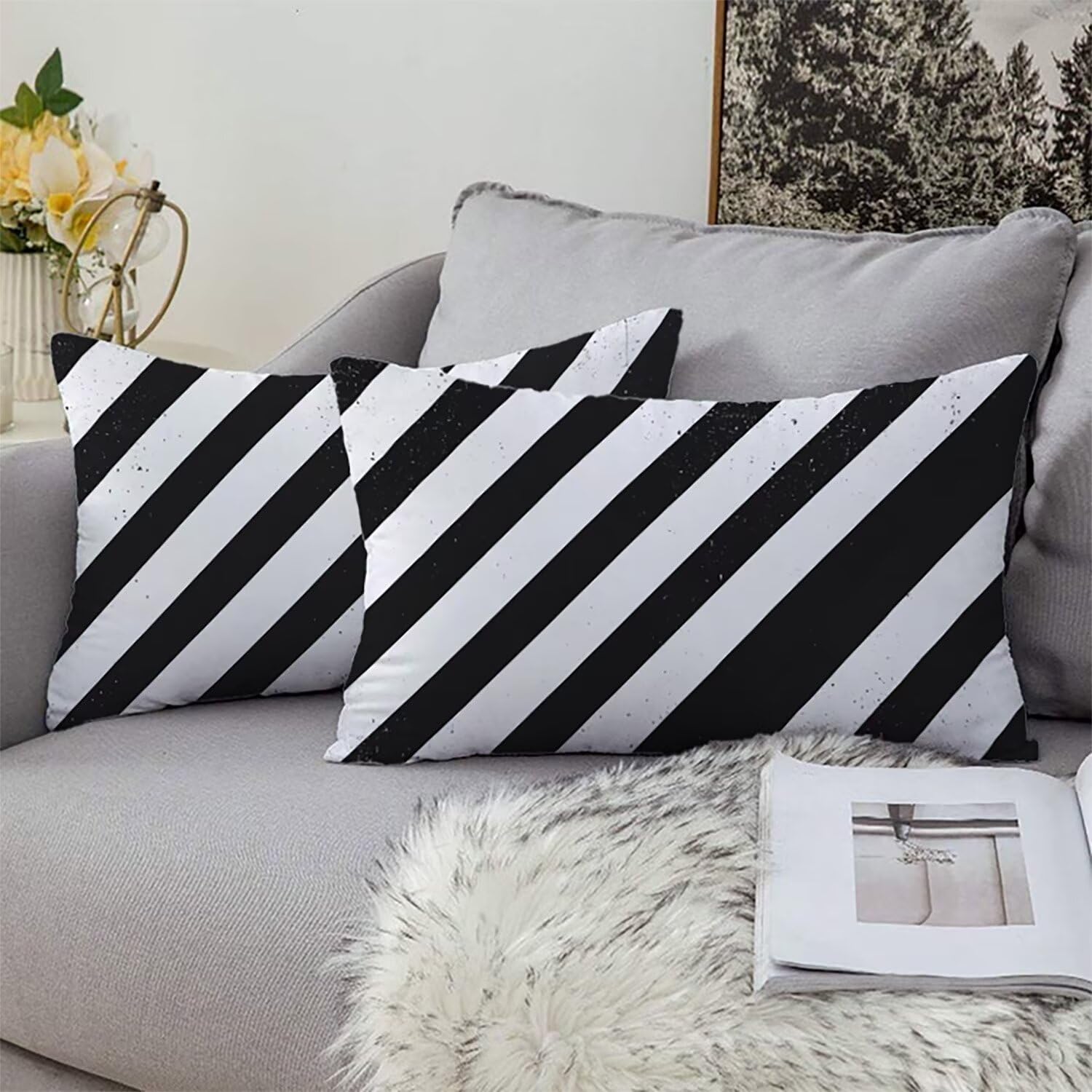 Xlccaioo Set di 2 In Bianco E Nero Federe Cuscini Divano 60x40cm Fodere per Cuscini Decorativi in Velluto, Fodera per Cuscino, Copricuscini Divano con Cerniera Invisibile, per Camera da Letto XC-8174