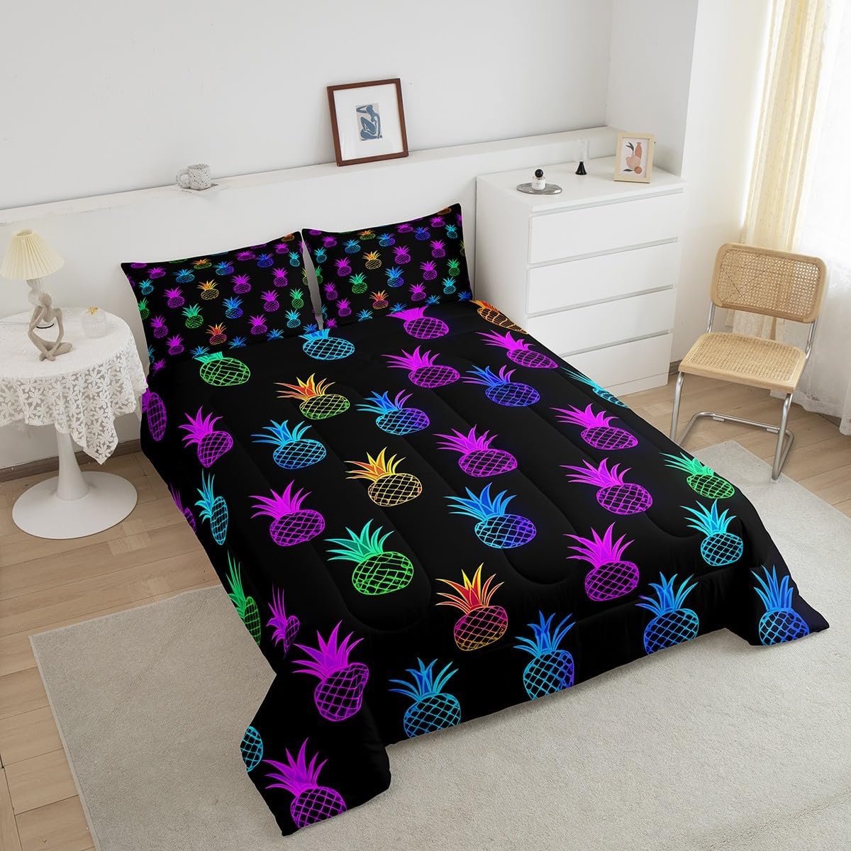Feelyou Pineapple Comforter Set Queen Size with Pillow Case Colorful Fruits Bedding Set Girls Women Comforter Tropical Pineapple Soft Comforter Set 3pcs Machine Washable