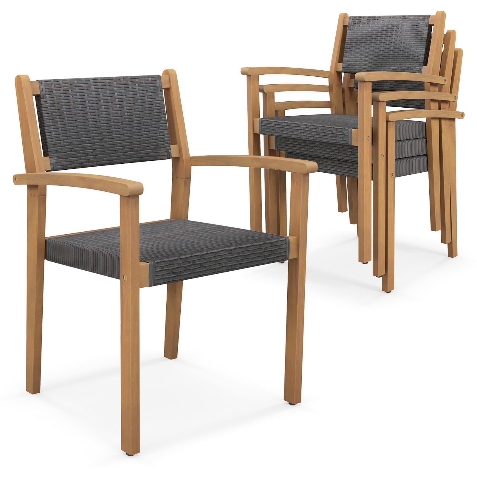 goflame stackable patio dining chairs set of 4, outdoor wicker armchairs with acacia wood frame, all-weather resistant patio conversation chair set for balcony, poolside, garden, porch