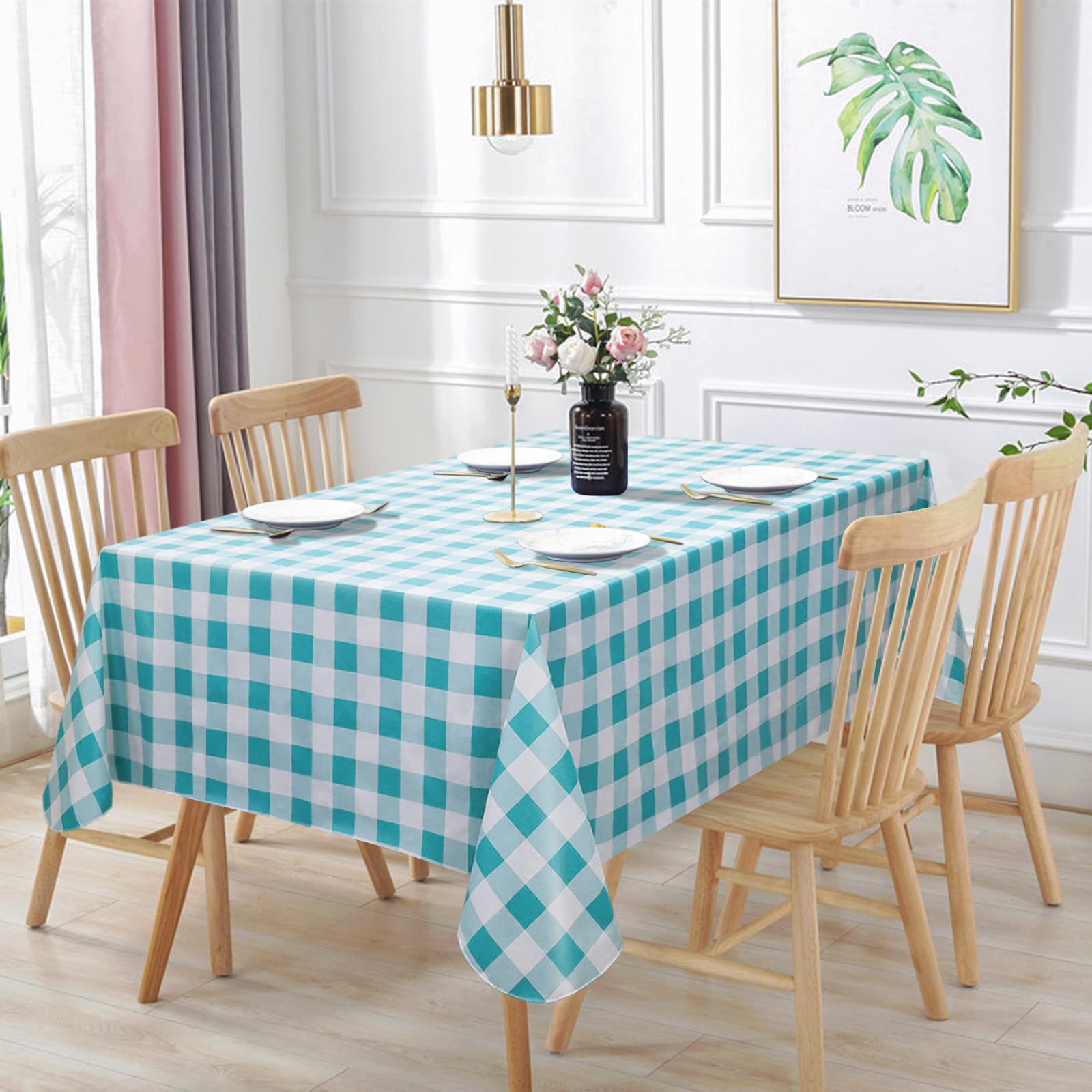 Vonabem 100% Waterproof Rectangle PVC Tablecloth, Checkered Vinyl Table Cloth Cover Oil Proof Spill Proof Wipeable Table Cloths for Indoor and Outdoor Use(Blue Teal,60X84IN)