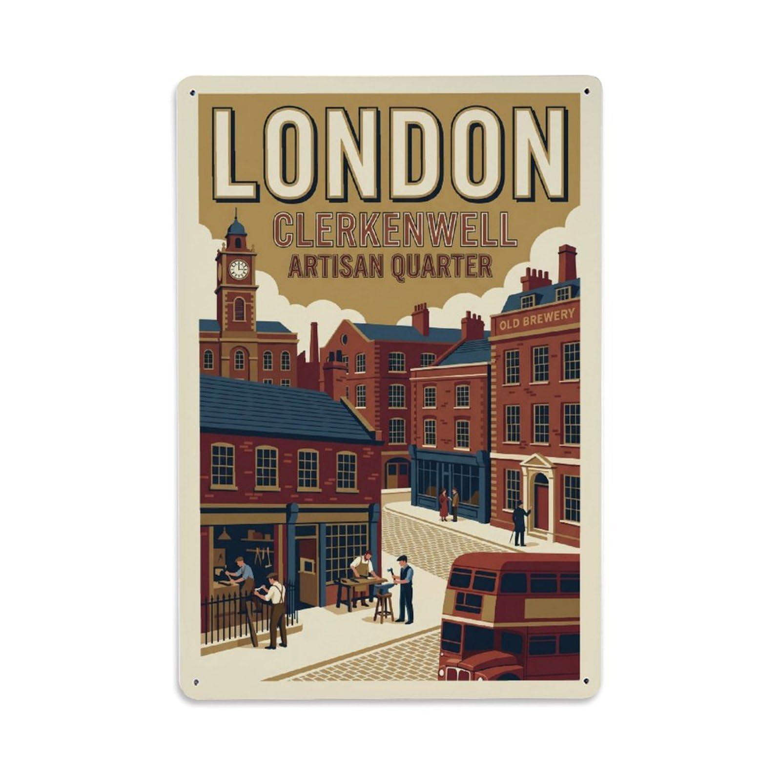 Vintage Travel London Clerkenwell Historic Quarter Clean England Metal Tin Sign Plaque Wall Decor for Cafe, Club Bar, Office, Home Garden Metal Poster 8x12Inch