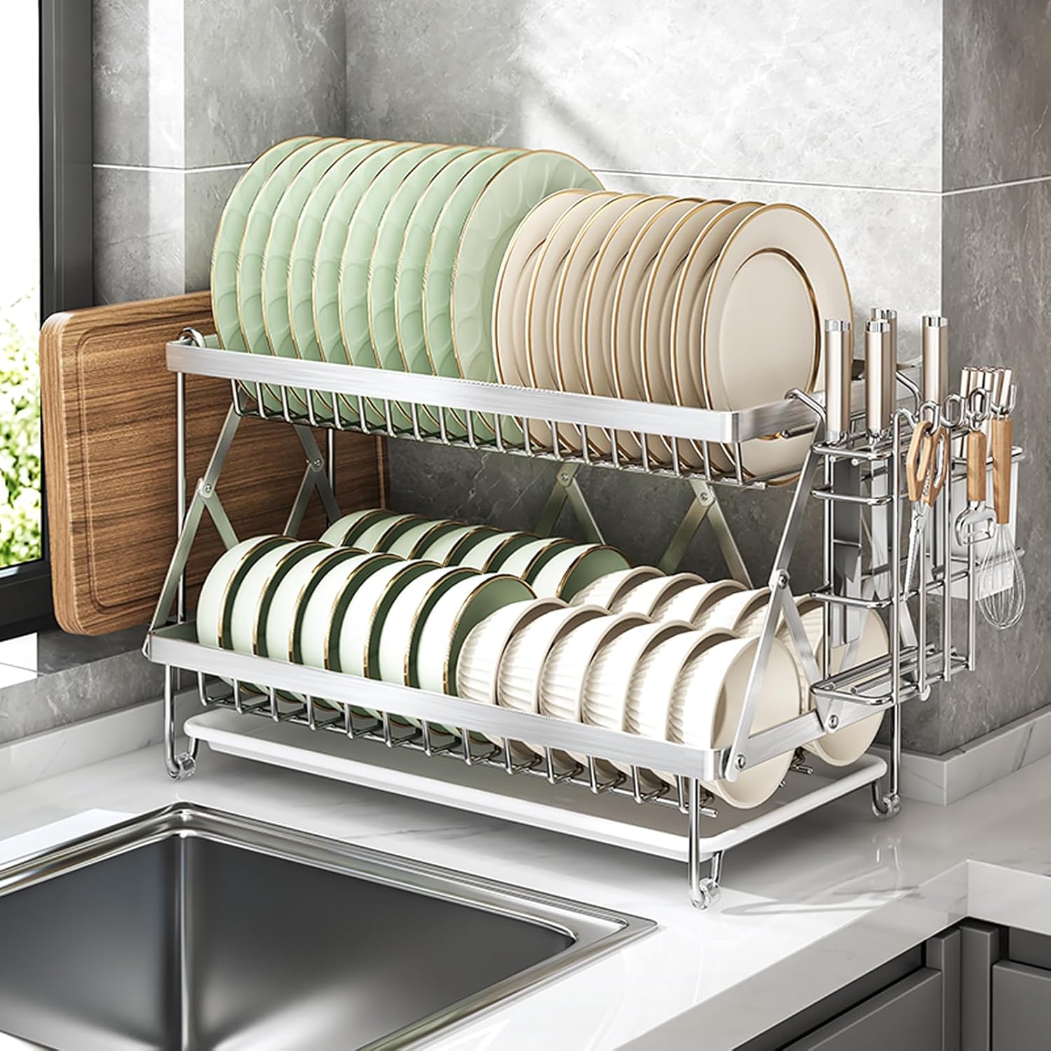 2-Tier 304 Stainless Steel Dish Rack, Foldable Over Sink with Cutting Board/Utensil/Knife Holder, No Assembly Required Space Saving Drying Rack