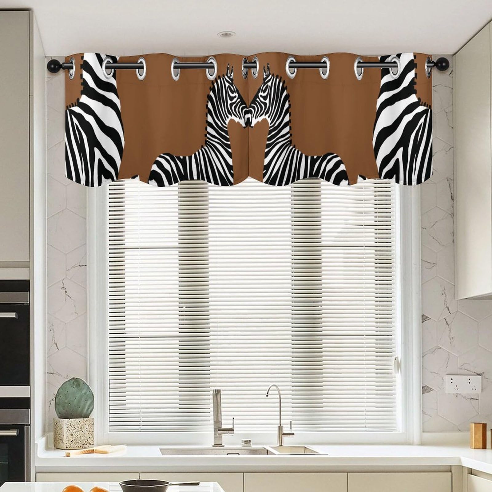 Cenefas bohemio para ventana de salón y cocina en diseño de cebra color marrón de dos paneles
