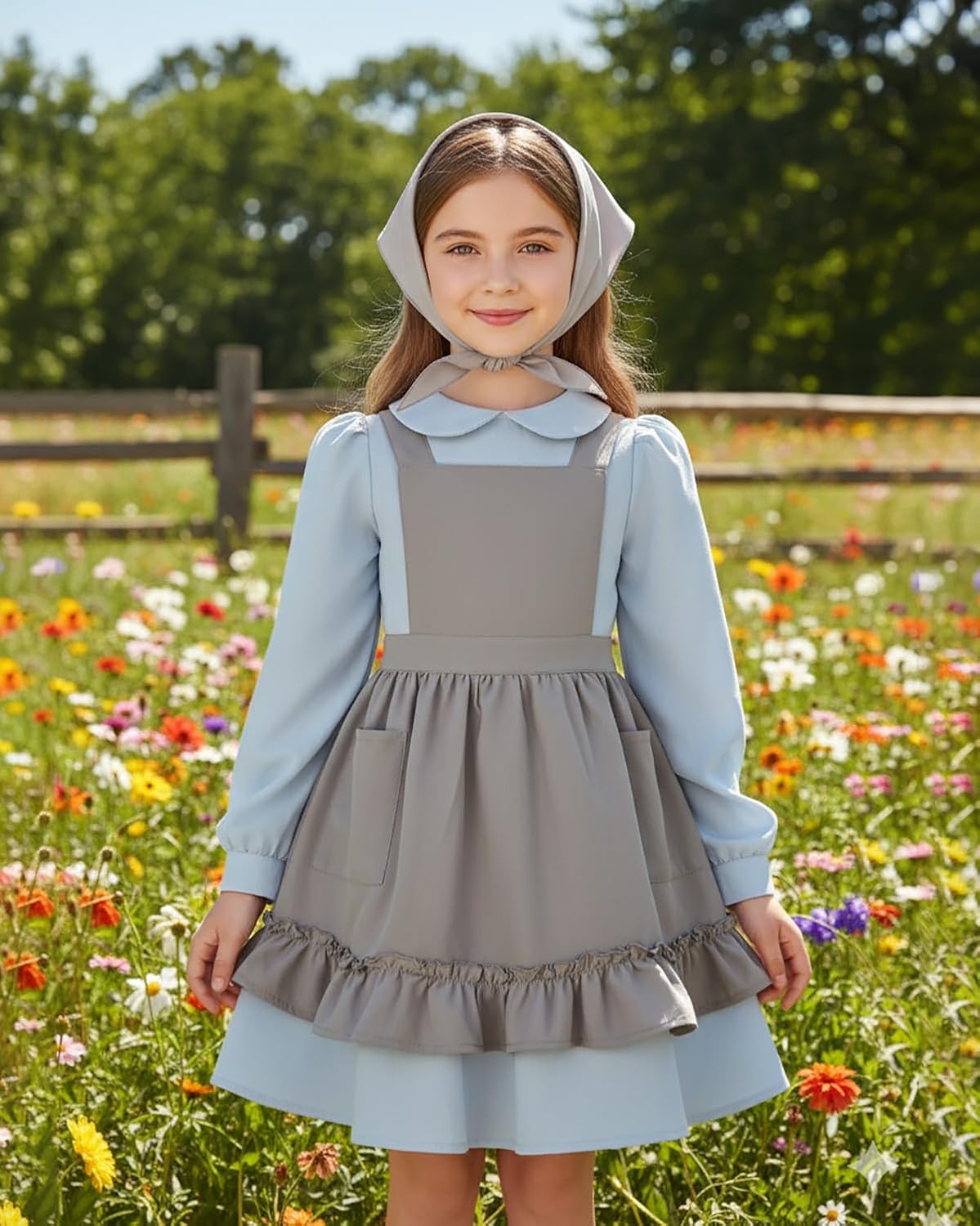 LTAKK Pioneer Dress Girls Colonial Costume Prairie Pilgrim Girl Dresses with Pinafore and Headscarf