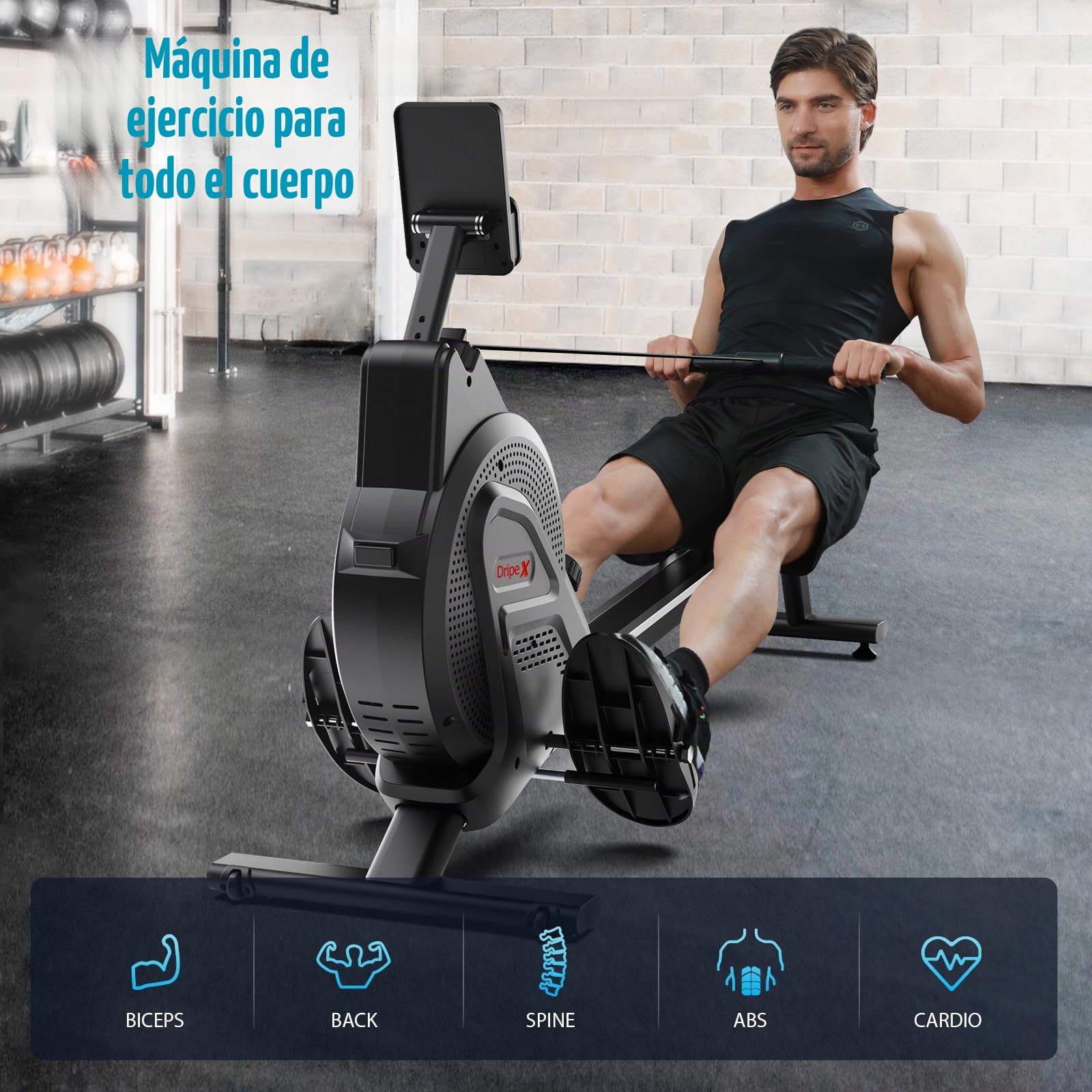 Dripex Máquina de remo magnética para uso doméstico, para gimnasio en casa y entrenamiento cardiovascular, con riel deslizante de aluminio, resistencia ajustable 16 y monitor LCD (versión actualizada