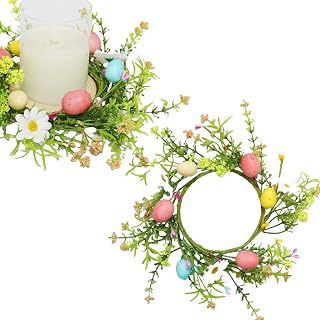 2 Pack Easter Egg Candle Rings Holder Wreaths with Daisy Flower Spring Egg and Pastel Pip Berry Candle Rings Candle Holder Mini Wreaths 4" Center for Holiday Home Kitchen Table Centerpiece (Green)