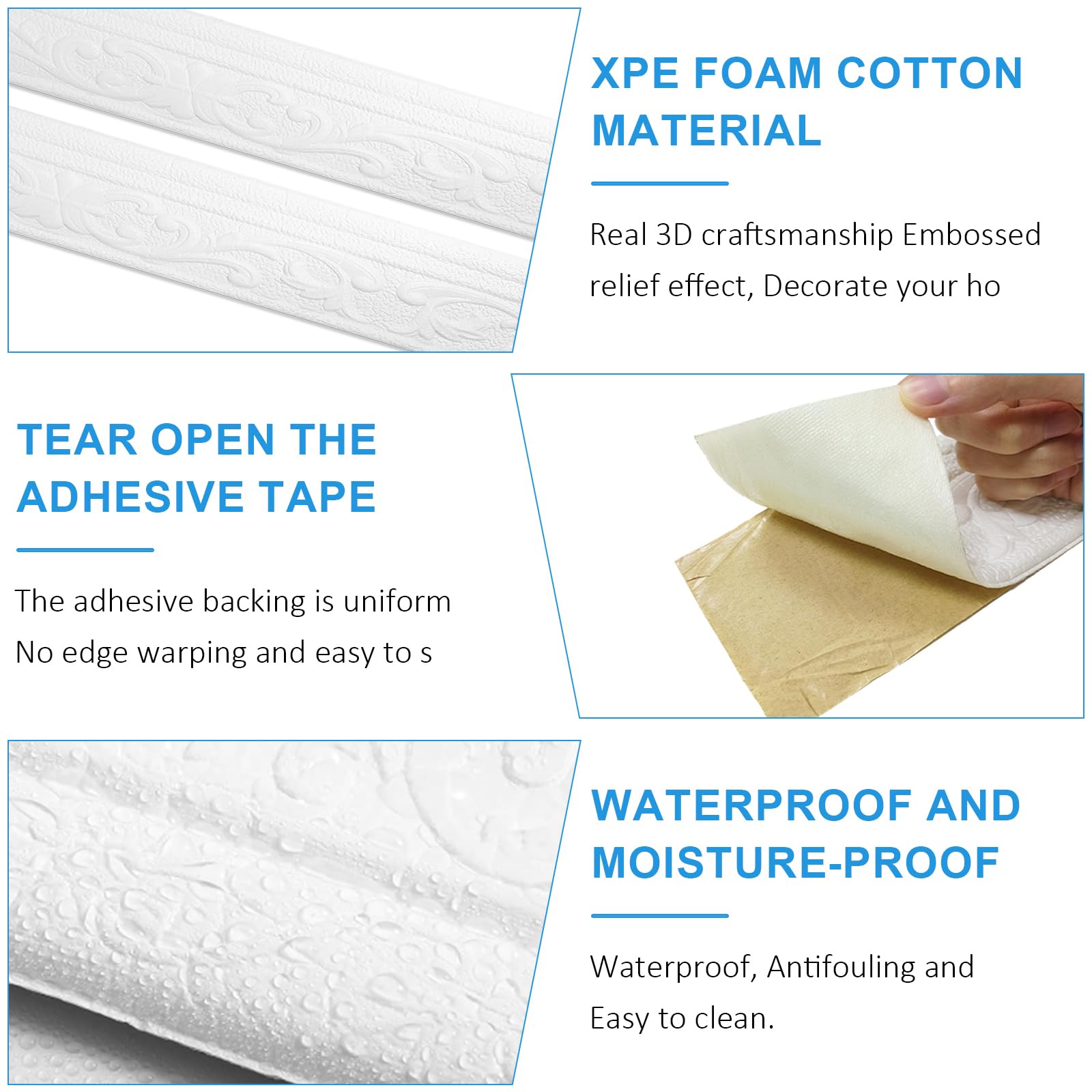 Molduras de estuco para techo autoadhesivas blancas – 8 cm (ancho) x 5 mm (profundidad) x 10 m (largo) – Molduras decorativas 3D autoadhesivas, molduras de estuco para pared, resistente al agua