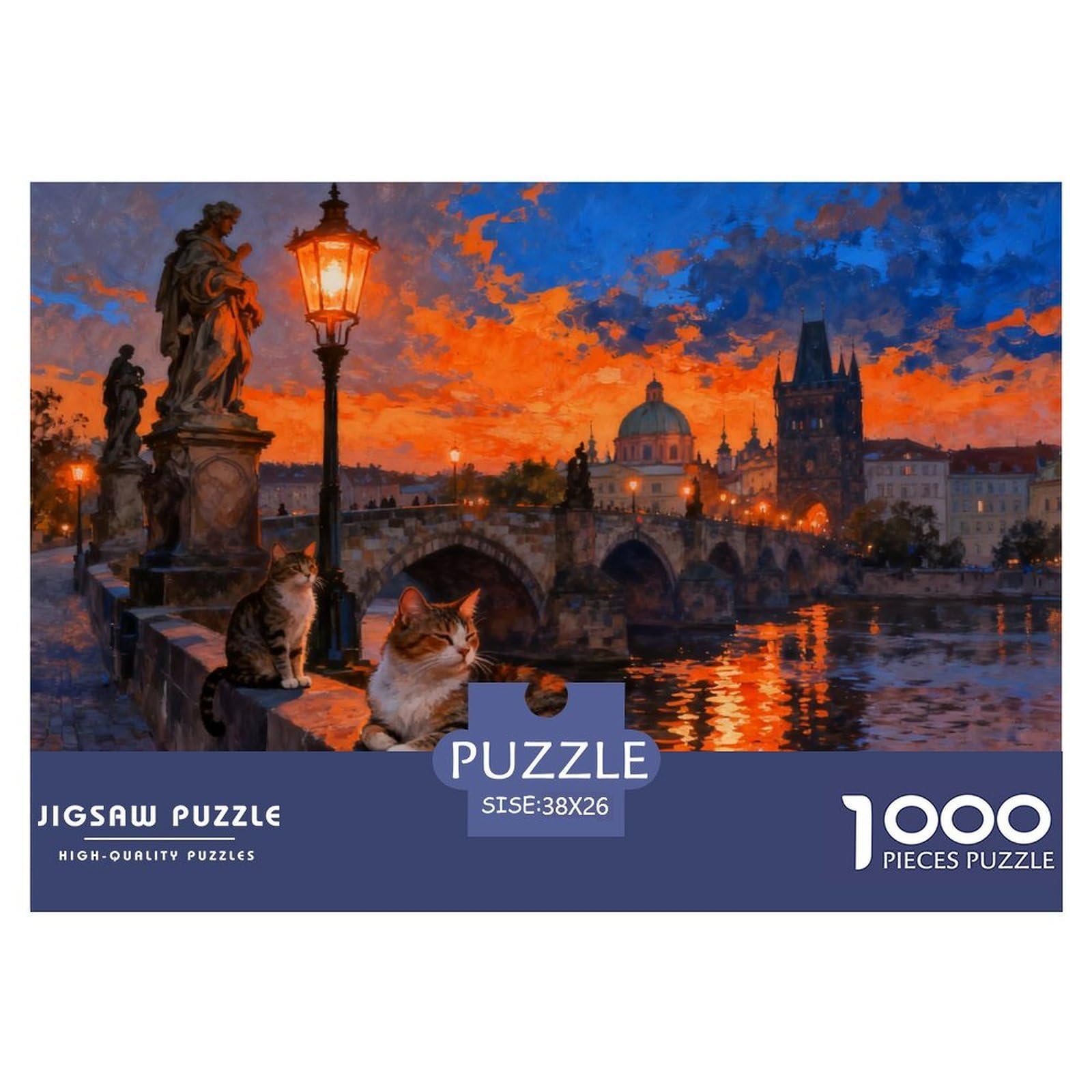 Romantic Evening at Charles Bridge Prague Wooden Jigsaw Puzzle Waterproof 1000 Piece Puzzles for Adults Gifts Colourful Educational Games