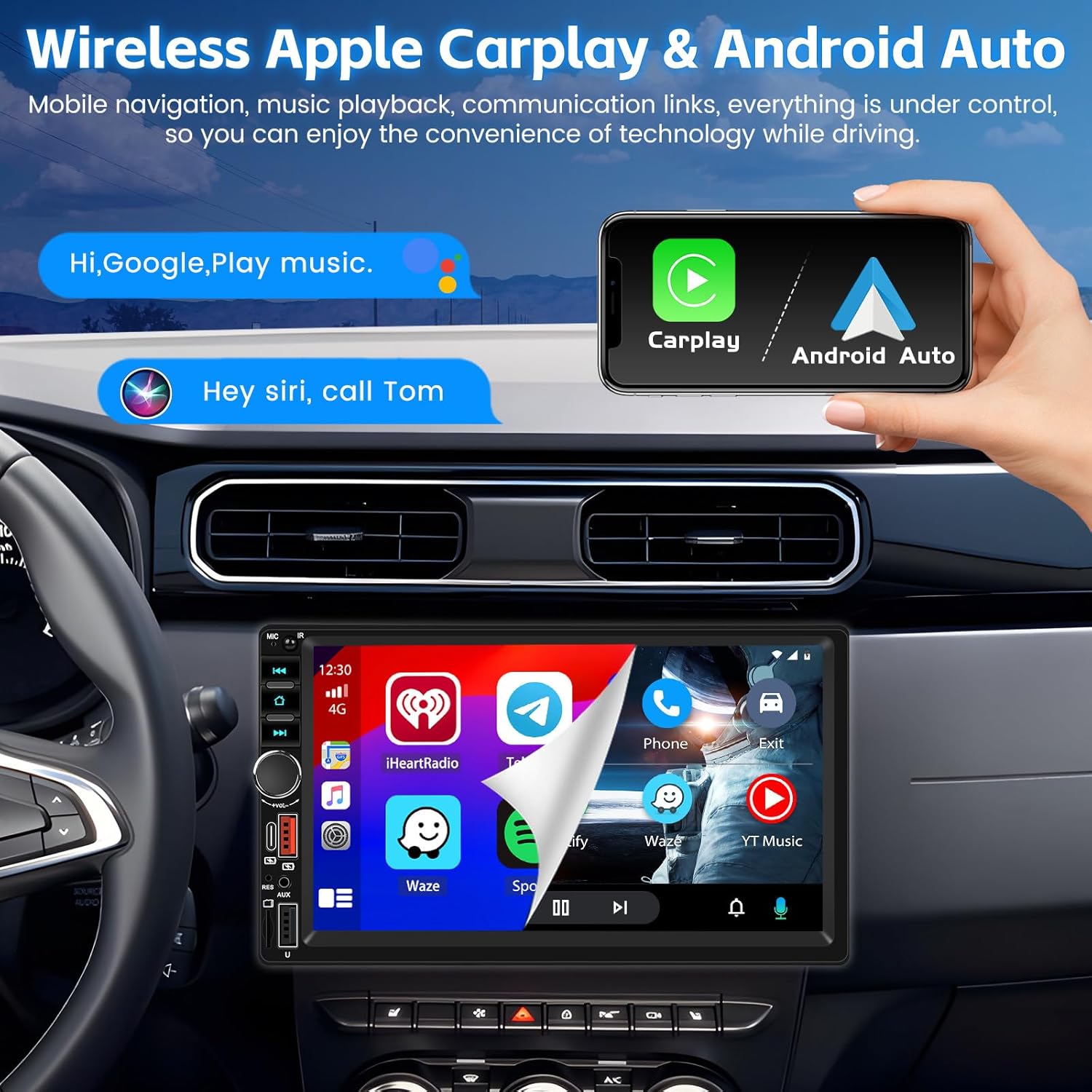 A car stereo screen displaying Apple CarPlay and Android Auto interfaces, with a hand holding a smartphone showing the CarPlay logo. Voice commands like 'Hi, Google, Play music' and 'Hey Siri, call Tom' are shown.
