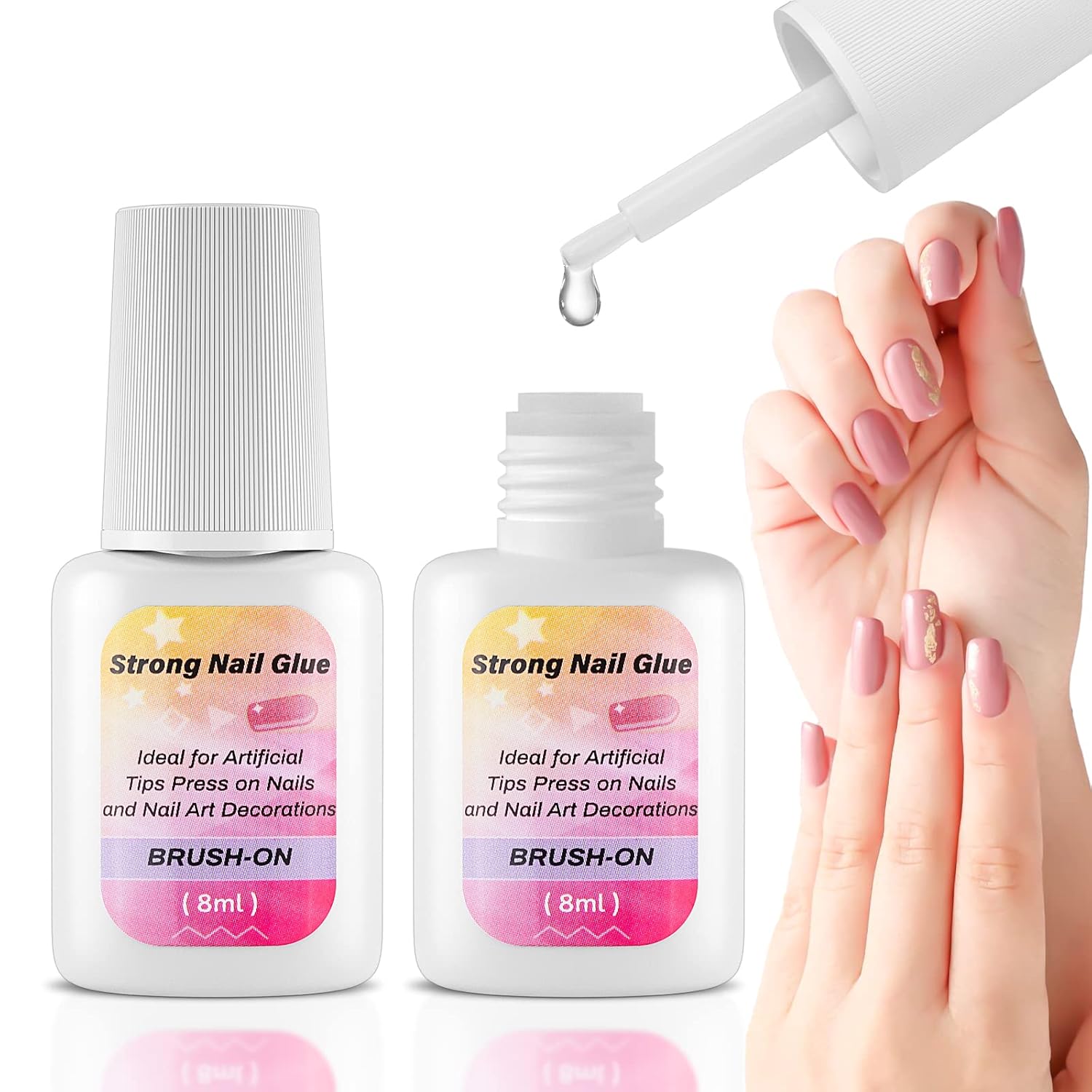 Strong Nail Glue for Press on Nails,2 x 8ML Super Adhesive Brushon