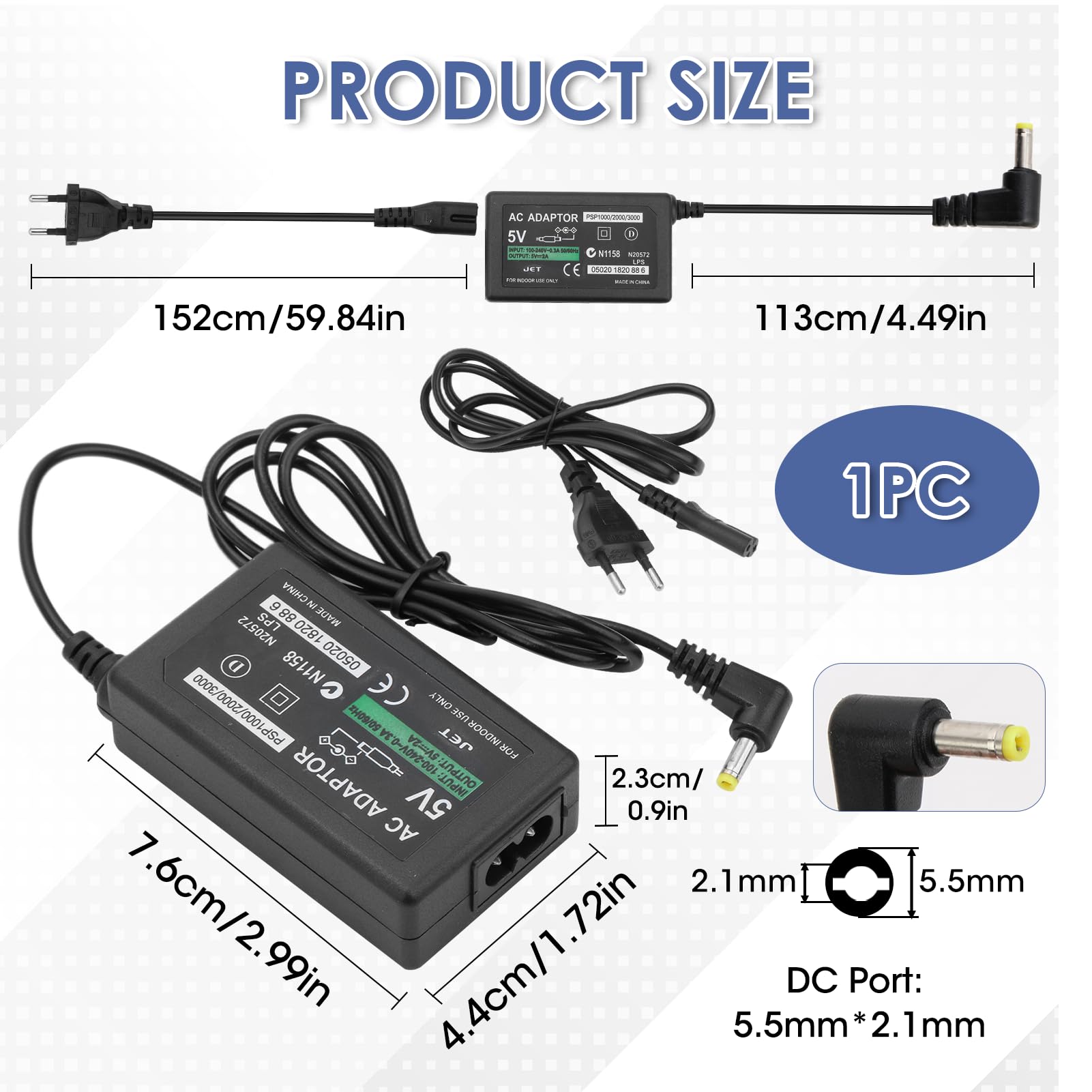 Cargador para Sony PSP 1000/2000/3000, Fuente de Alimentación 5V 2A AC Pared Cargador Cable, Power Adapter para PSP Consola, PlayStation Alimentación Portátil para 1000 2000 3000 Street Game — view 4