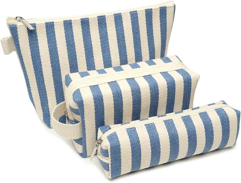 Conjunto Beayuva com 3 necessaires de lona listrada azul e branca com zíper