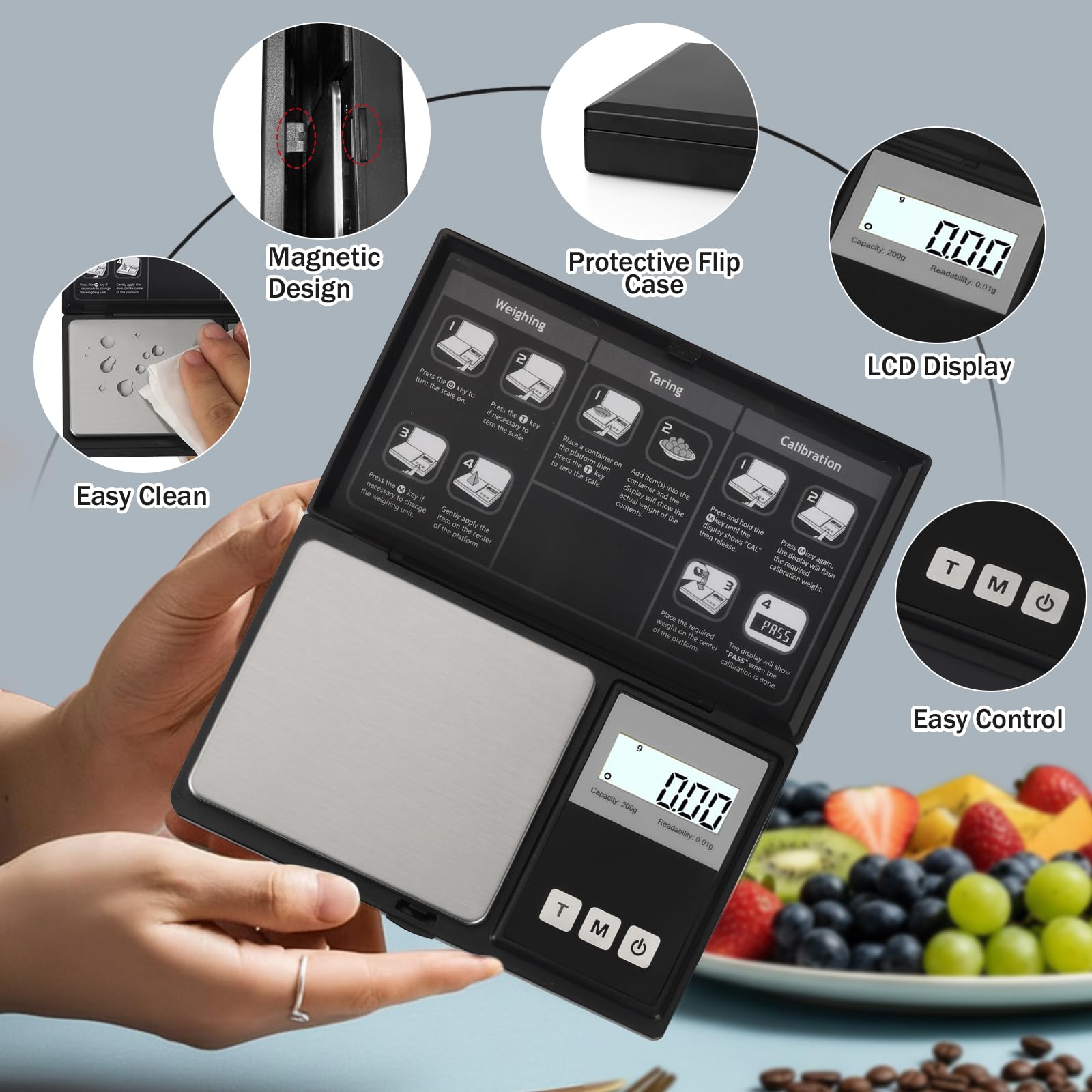Balance numérique de poche 200 g Précision 0,01 g Mini balance numérique en grammes, petite balance alimentaire, pour bijoux, grains d'onces avec poids d'étalonnage de 100 g (Noir)