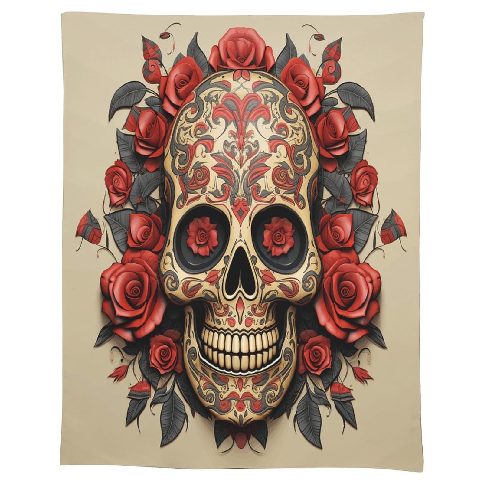 Nappe en tissu haut de gamme motif tête de mort et rose rouge décorative