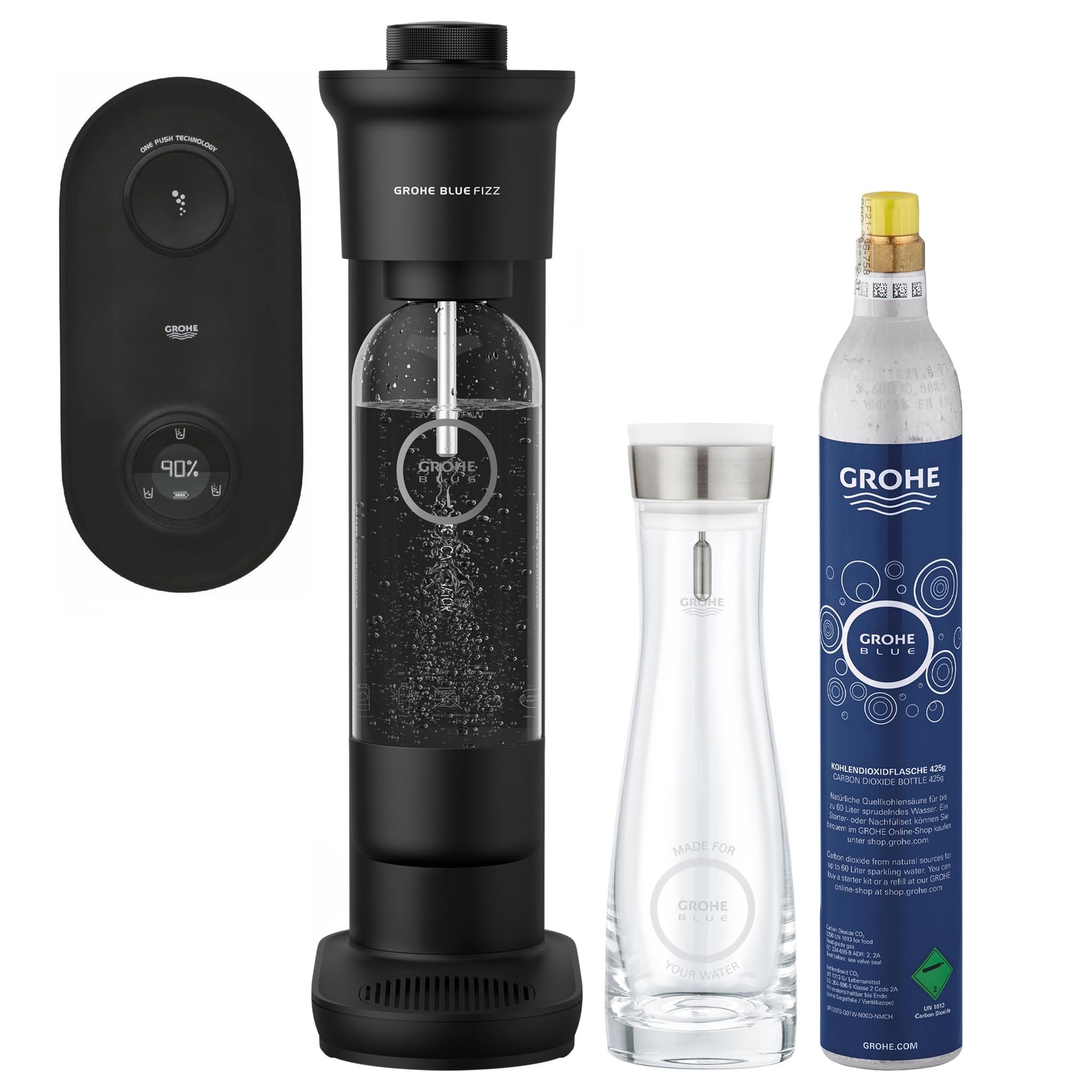 Grohe Blue Fizz Advanced - Wassersprudler inkl. Glaskaraffe (Glaskaraffe: 1l Volumen, CO2-Füllstandsanzeige, 3 Sprudelstufen, inkl. CO2 Flasche, 1x 0,85l Wasserflasche), schwarz