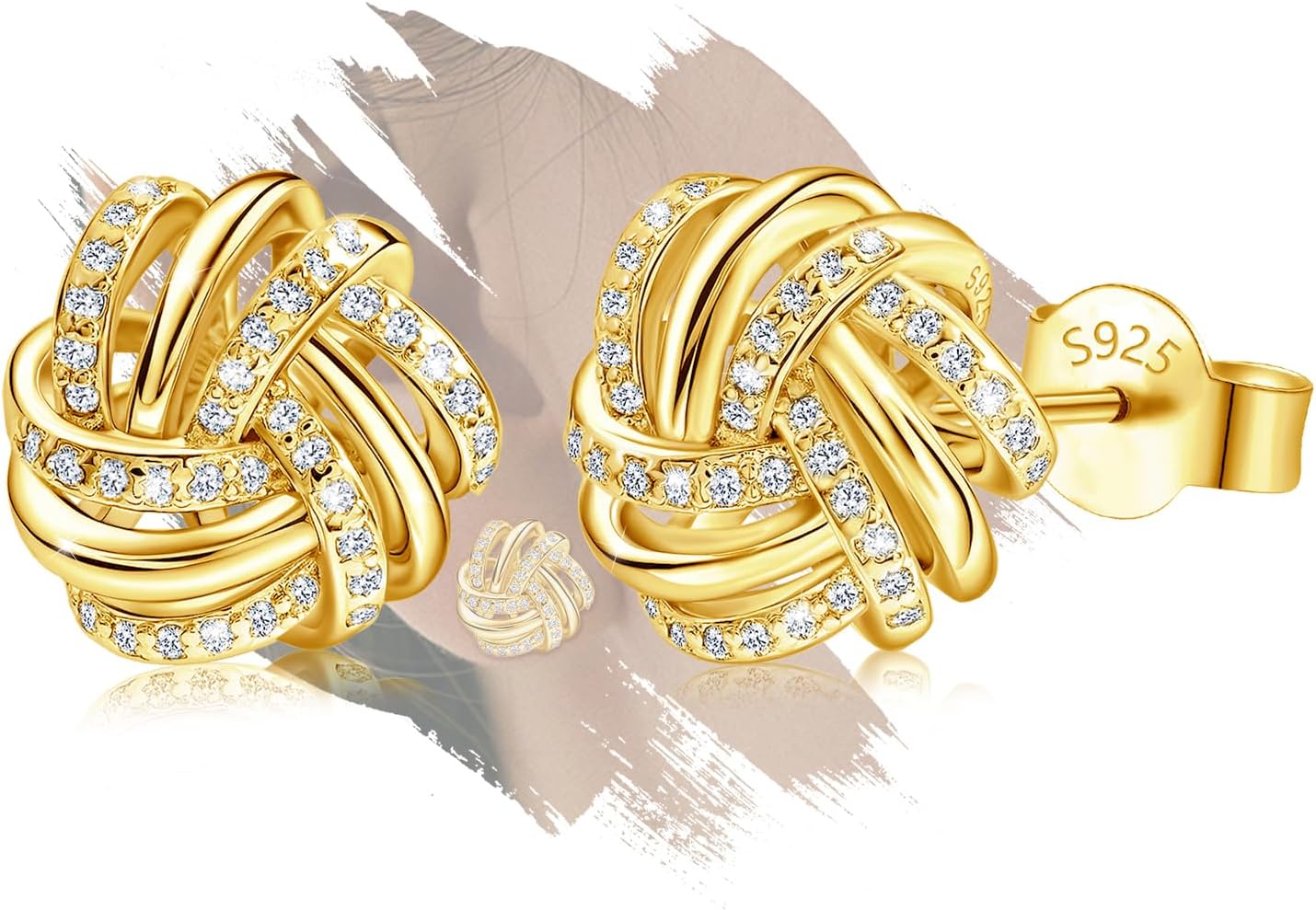 14K White Gold Plated Stud Earrings | 925 Sterling Silver Post CZ Hypoallergenic Earrings Hollow Love Knot Cubic Zirconia Earrings for Women