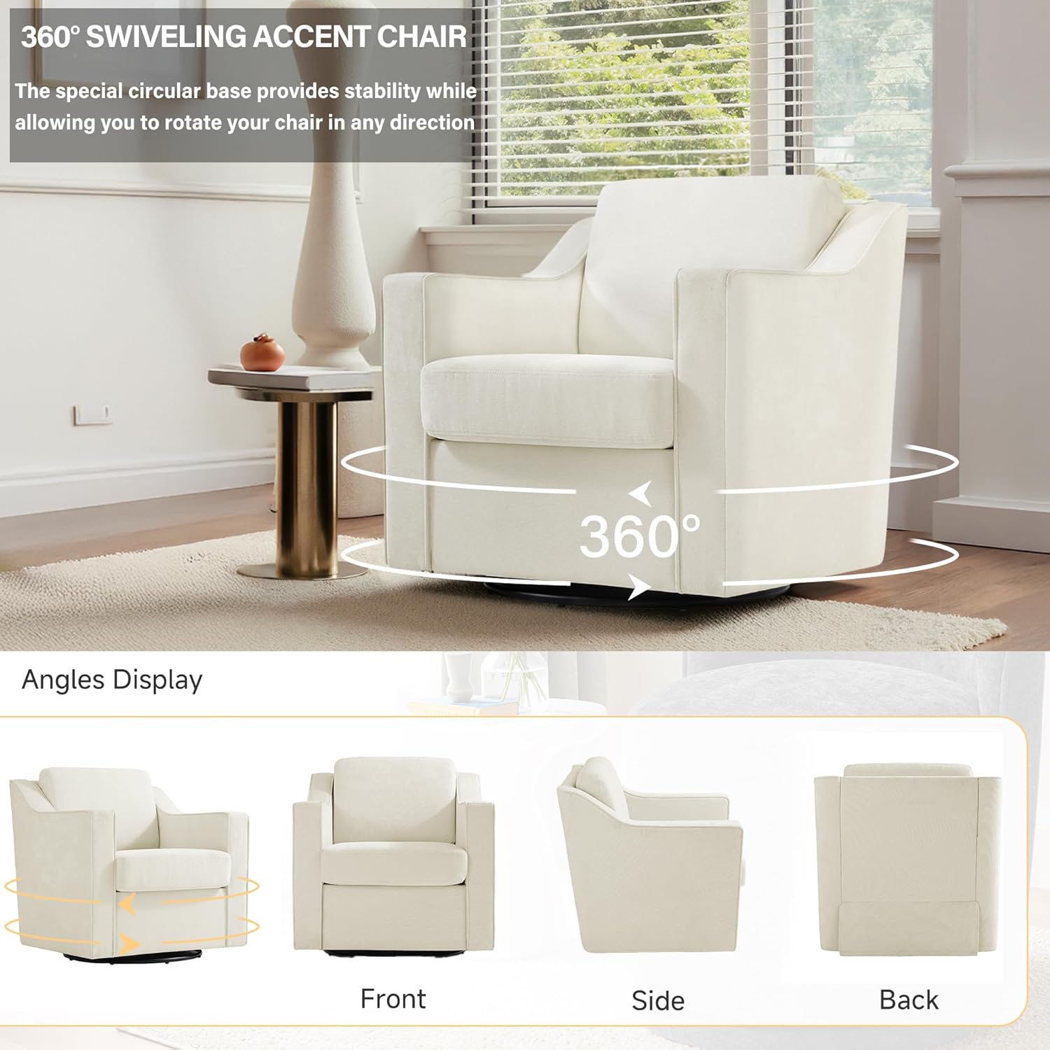 Diagram showing the 360-degree swivel function of the accent chair, with arrows indicating rotation.