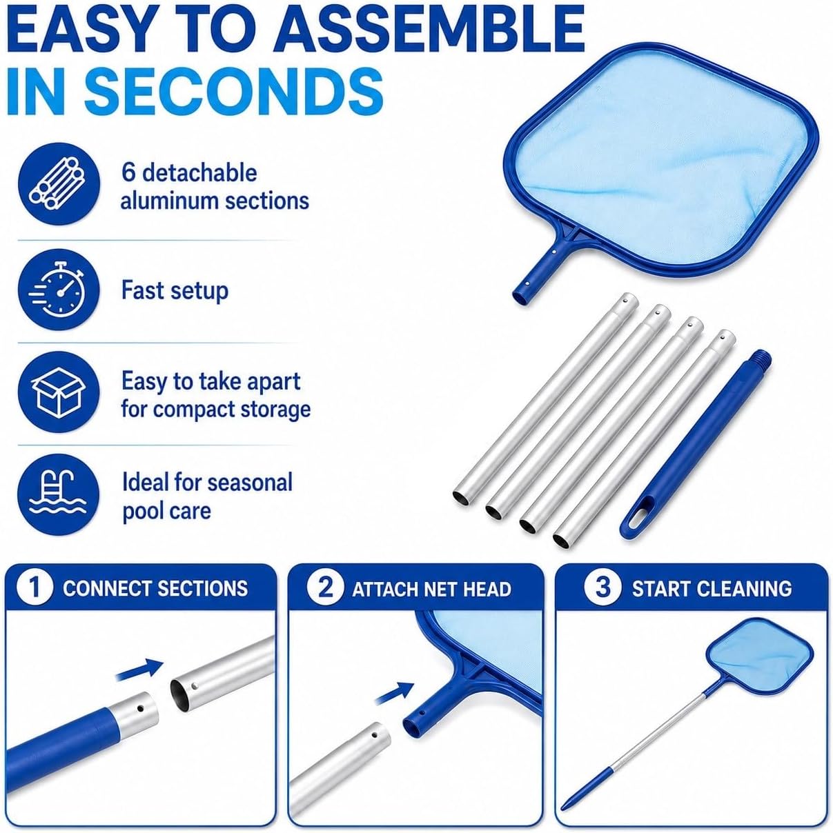 Swimming Pool Skimmer Net (160cm/63 Inch), Upgraded Pool Cleaning Net, Pool Leaf Rake with Fine Mesh Net with 5 Section Aluminum Telescopic Pole for Cleaning Leaves in Pools, Fountains, Ponds and Spas