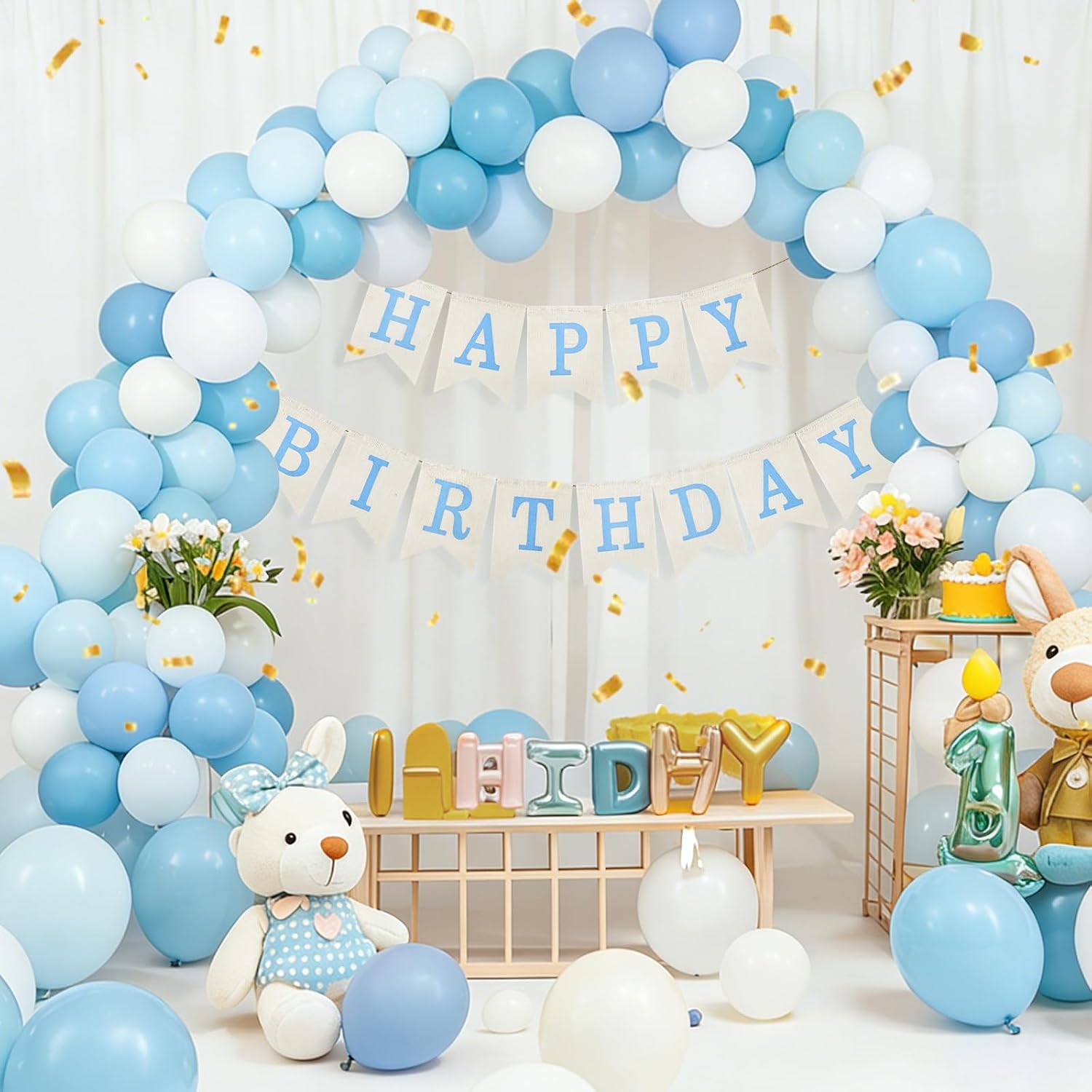 Babenest Burlap Happy Birthday Banner Sign for Party Deco, Blue image 2