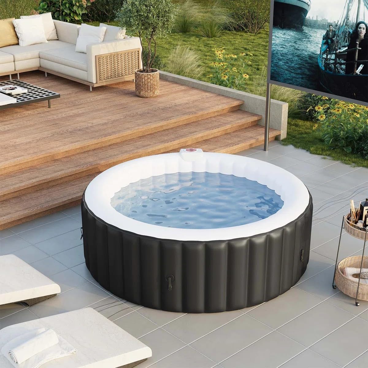 4 Person Inflatable Hot Tub with Energy-Saving Insulation Cover, Round Portable Blow Up Hot Tub with 130 Bubble Jets, Filter Cartridges