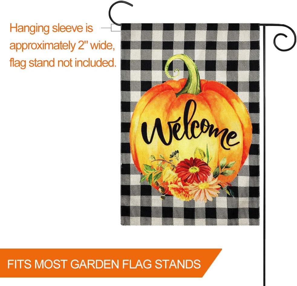 Fall Decor - Fall Decorations - Welcome Pumpkin Fall Garden Flag w Double Sided - 12x18 Inch Buffalo Check Plaid Burlap Flags for Autumn Halloween Thanksgiving Harvest Home Farmhouse Outdoor Yard Sign