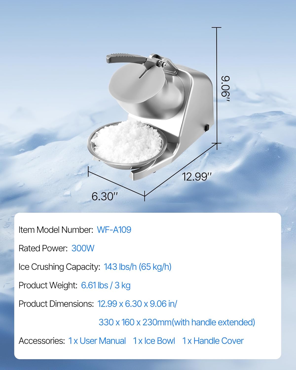 VEVOR Ice Crusher Machine, 143lbs Per Hour Electric 2 Blades Snow Cone Maker, Stainless Steel Shaved Ice Machine with Bowl and Cover, 300W 2000RPM Ice-Shaver for Home and Commercial Use, Silver