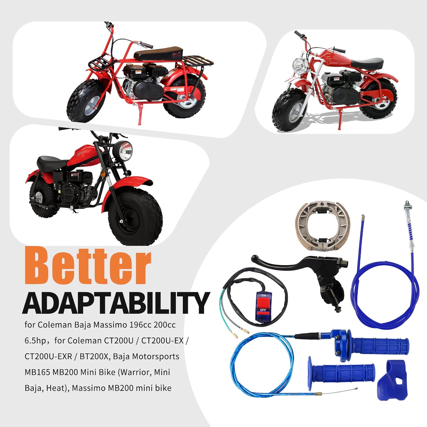 Mini Bike Throttle Assembly and Mini Bike Drum Brake Lever Replacement for CT200U CT200U-EX BT200X Baja Warrior Massimo MB200 Predator 200cc 196cc 6.5hp Parts 7/8 22mm Handlebar Grips (Blue)