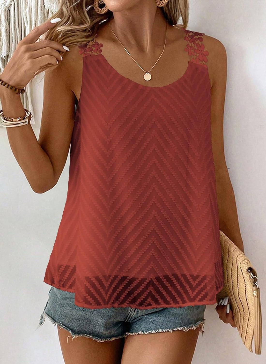 Womens Tank Tops Flowy Sleeveless Summer Boho Tank Top for Women Crewneck Casual Spaghetti Strap Lace Camisole Shirt - Image 5