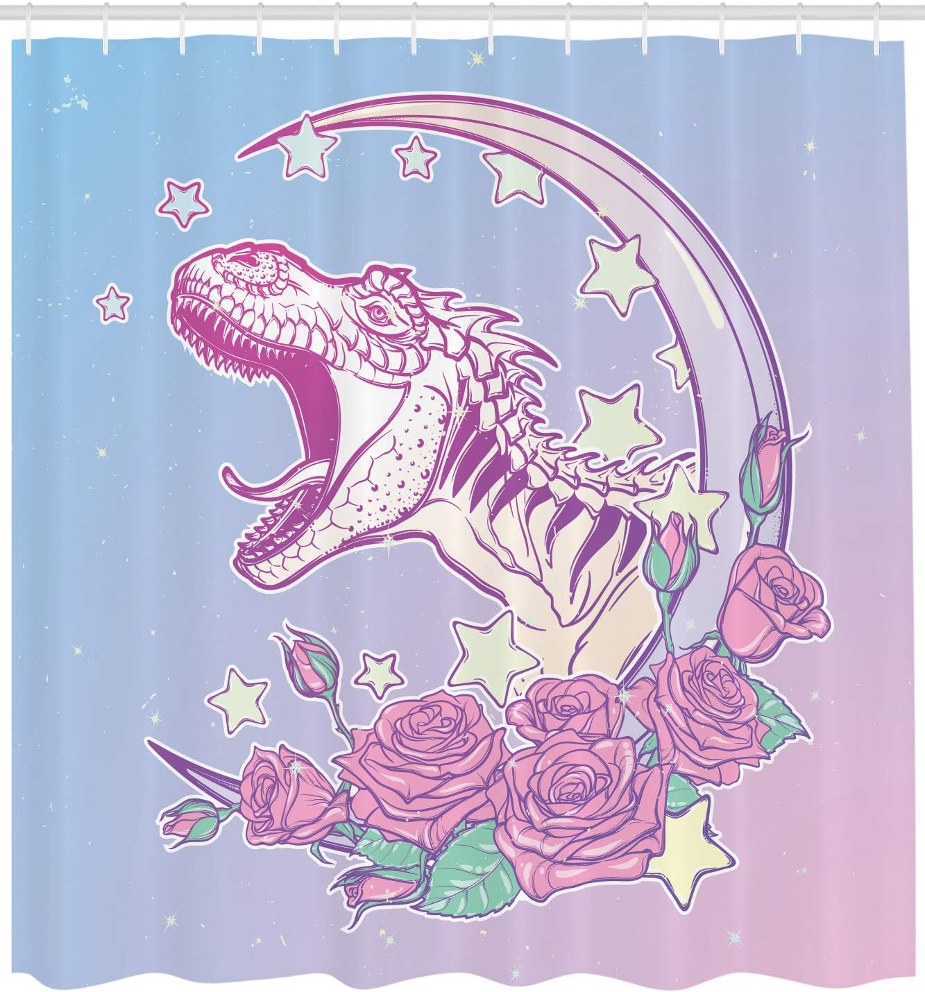 Lunarable Dino Print Shower Curtain, Sketch Style Drawing of The Roaring Tyrannosaurus Rex on Kawaii Moon and Roses, Cloth Fabric Bathroom Decor Set with Hooks, 69" W x 70" L, Multicolor