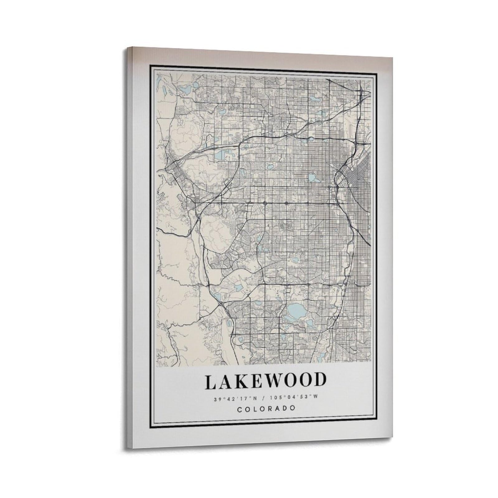 xiaoxiaoshen Lakewood CO Map Canvas Poster Wall Art Prints Room Aesthetic Murals Bedroom And Living Decorations 24x36inch(60x90cm)