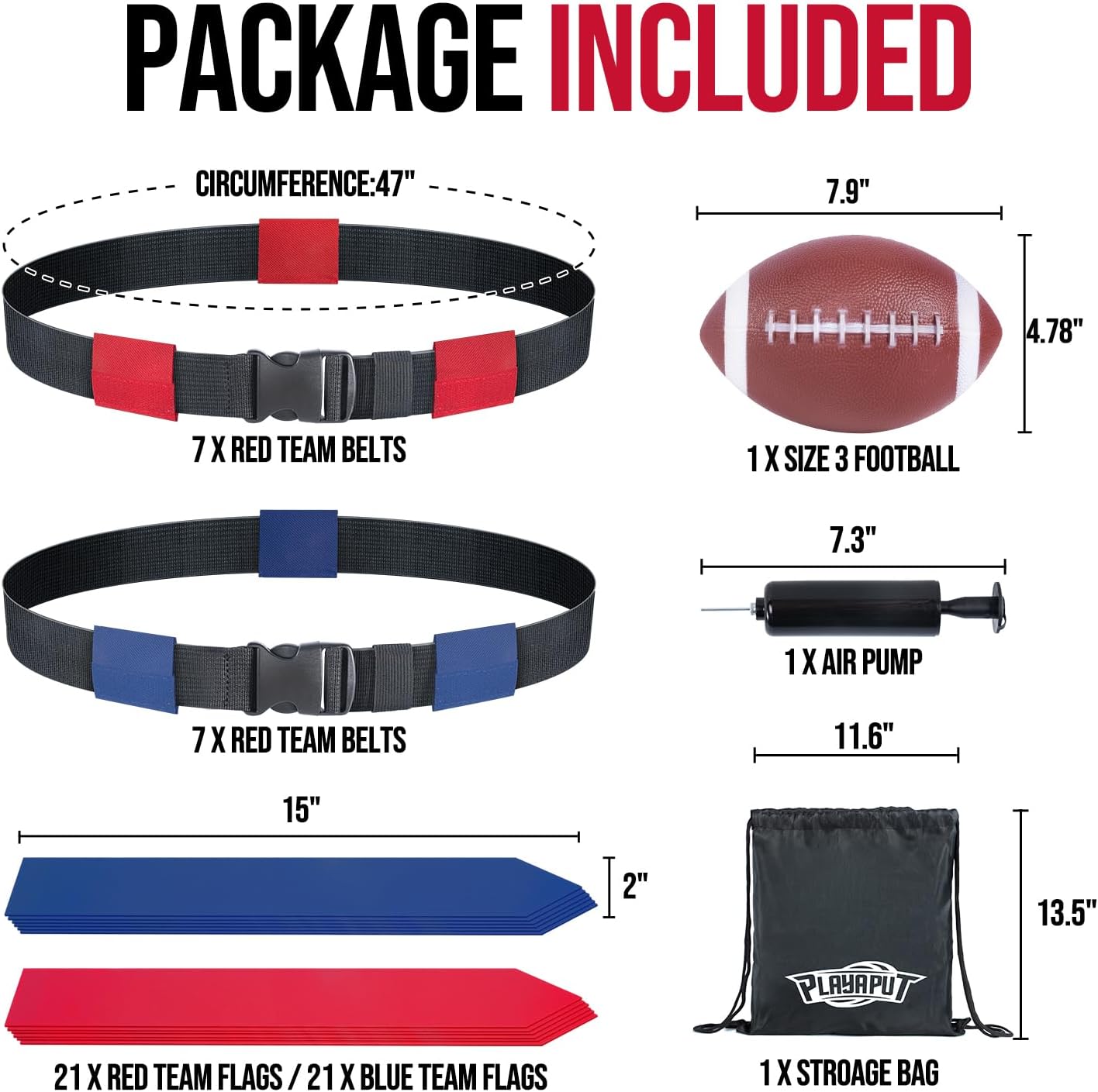 Flag Football Belts, 14 Player Adjustable Flag Football Set With 42 Football Flags,Size 3 Football, Pump and Storage Bag, Size Adjustable Up To 47 Inch Flag Football Belt For Kids,Youths,Adults