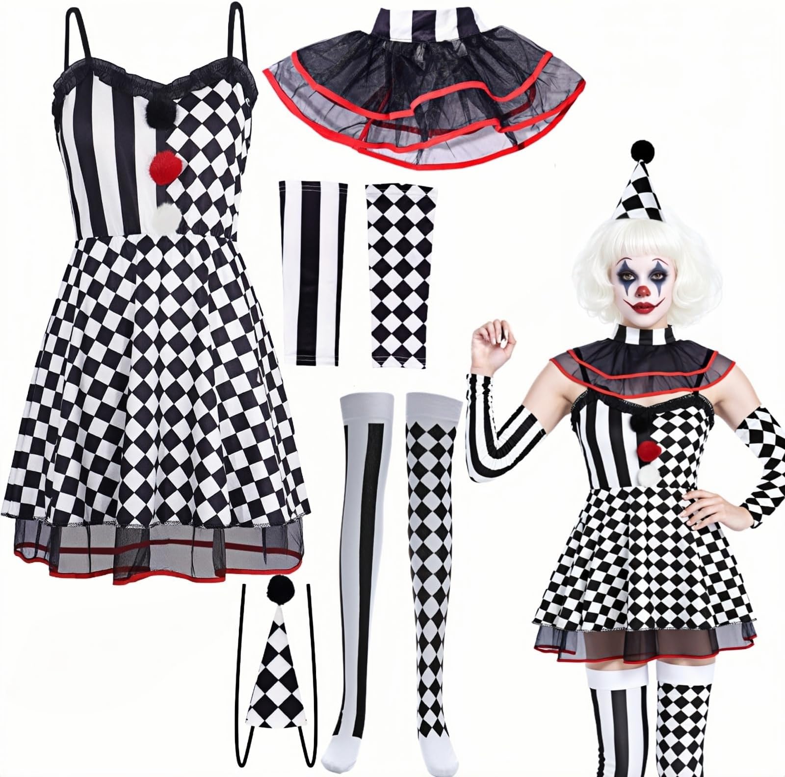 Clown Costume Women's Carnival Clown Dress Circus Costume with Black and White Checked Women's Dress Socks Headband Clown Women's Circus Costume for Carnival Fancy Dress Masquerade