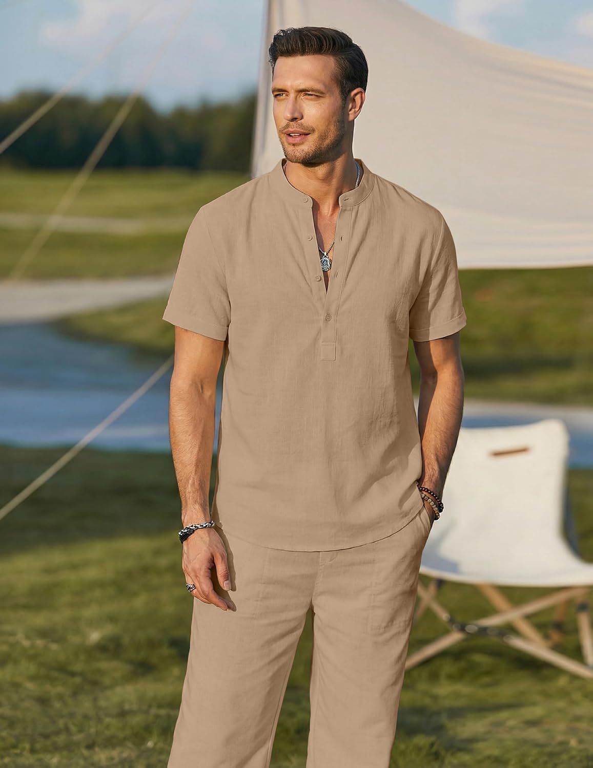 COOFANDY Mens 2 Pieces Cotton Linen Sets Short Sleeve Casual Henley Shirt Summer Beach Pants Lounge Vacation Outfits Set - Image 4