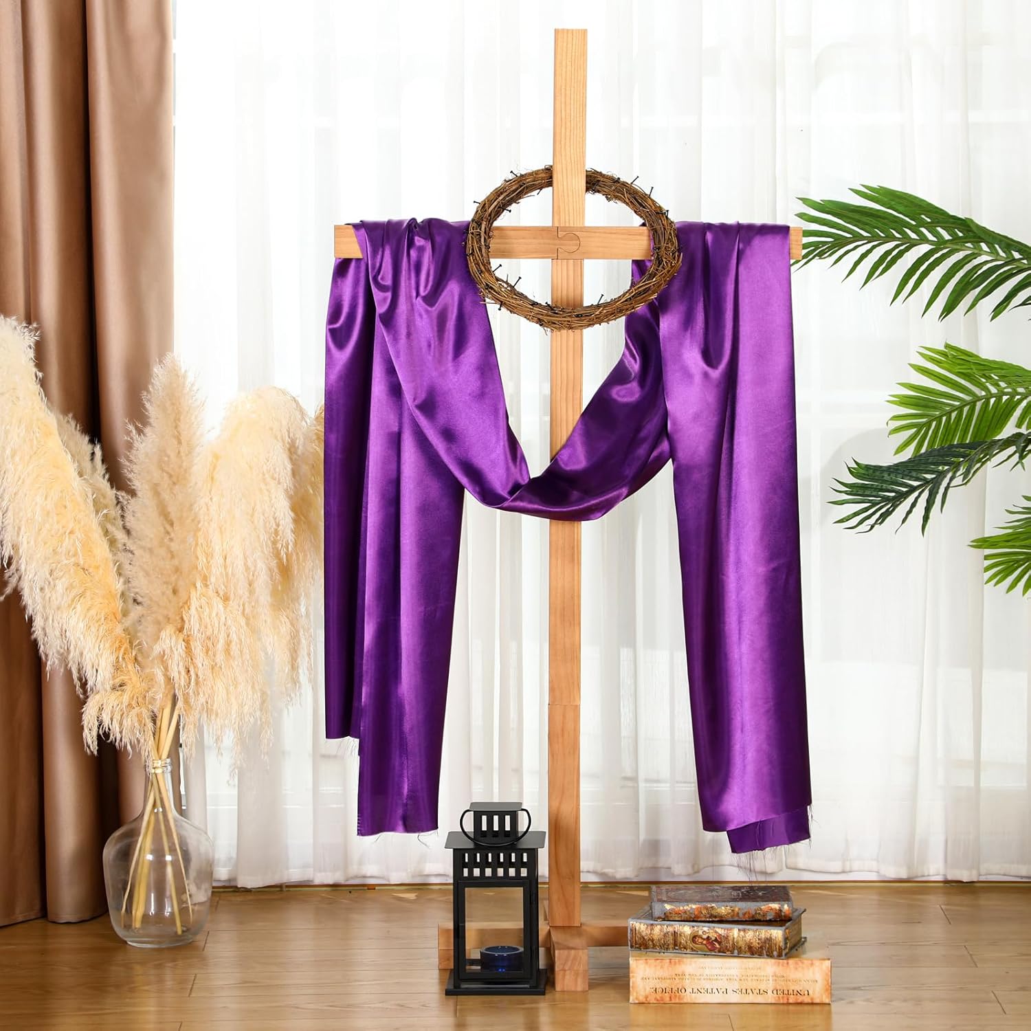 CroBlissful 58'' Large Easter Wood Cross with Jesus Crown of Thorns & Satin Purple Cloth, Large Standing Cross Decoration He Is Risen Outdoor Easter Decor for Lent Church Christian Religious