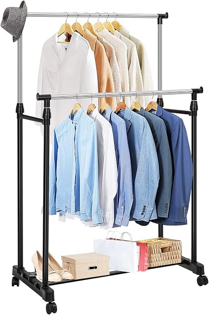 Holdfiturn Clothe Rail Clothe Stand Double Clothes Rack with Wheels (90-160) x83x42cm Adjustable Hanging Rails for Coat Garment Display Metal Clothing Rail Storage Stand with Shoe Rack Organize Shelf
