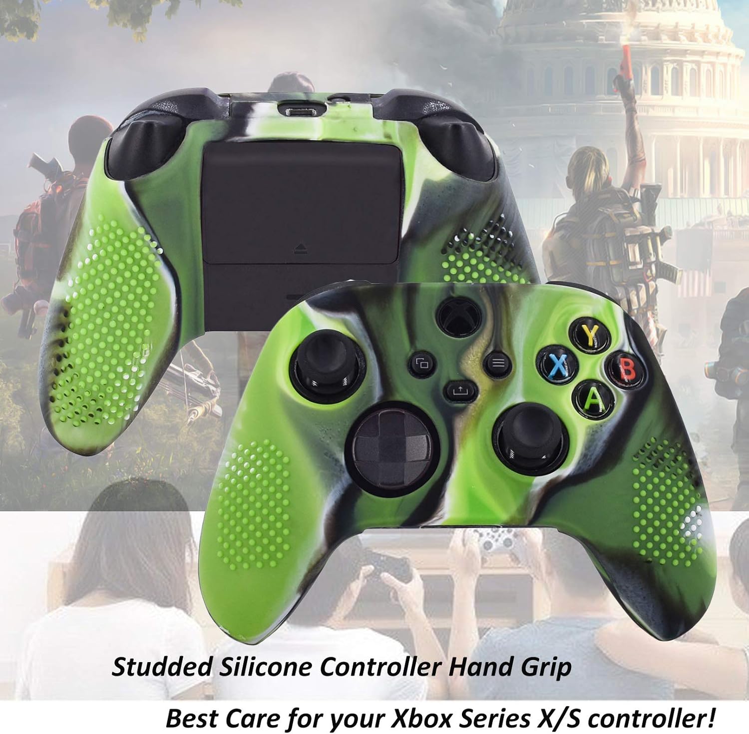 Grips for Xbox Series X Controller, Pandaren Studded Anti-Slip Silicone Cover for Xbox Series X/S Controller Skin Hand Grip with 8pcs FPS Pro Thumb Sticks Cap Protector(Camougreen)