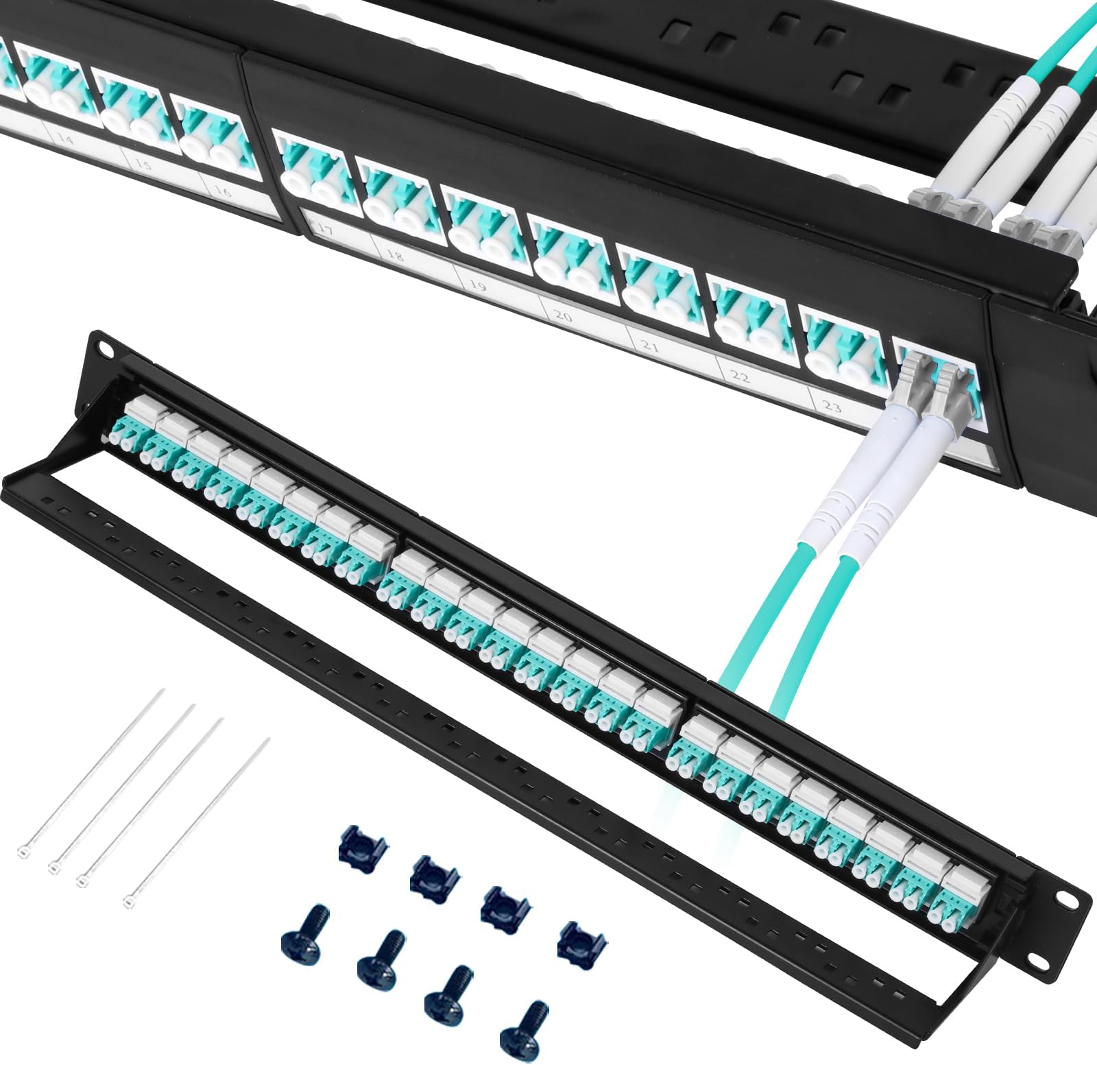 1U Fiber Patch Panel with 24 LC OM3 Multi-Mode Fiber Optic Adapters Couplers Keystone Jack Modular with White Inline Keystone,Multi Mode Connectors MM for Standard 19" Racks, 1pack