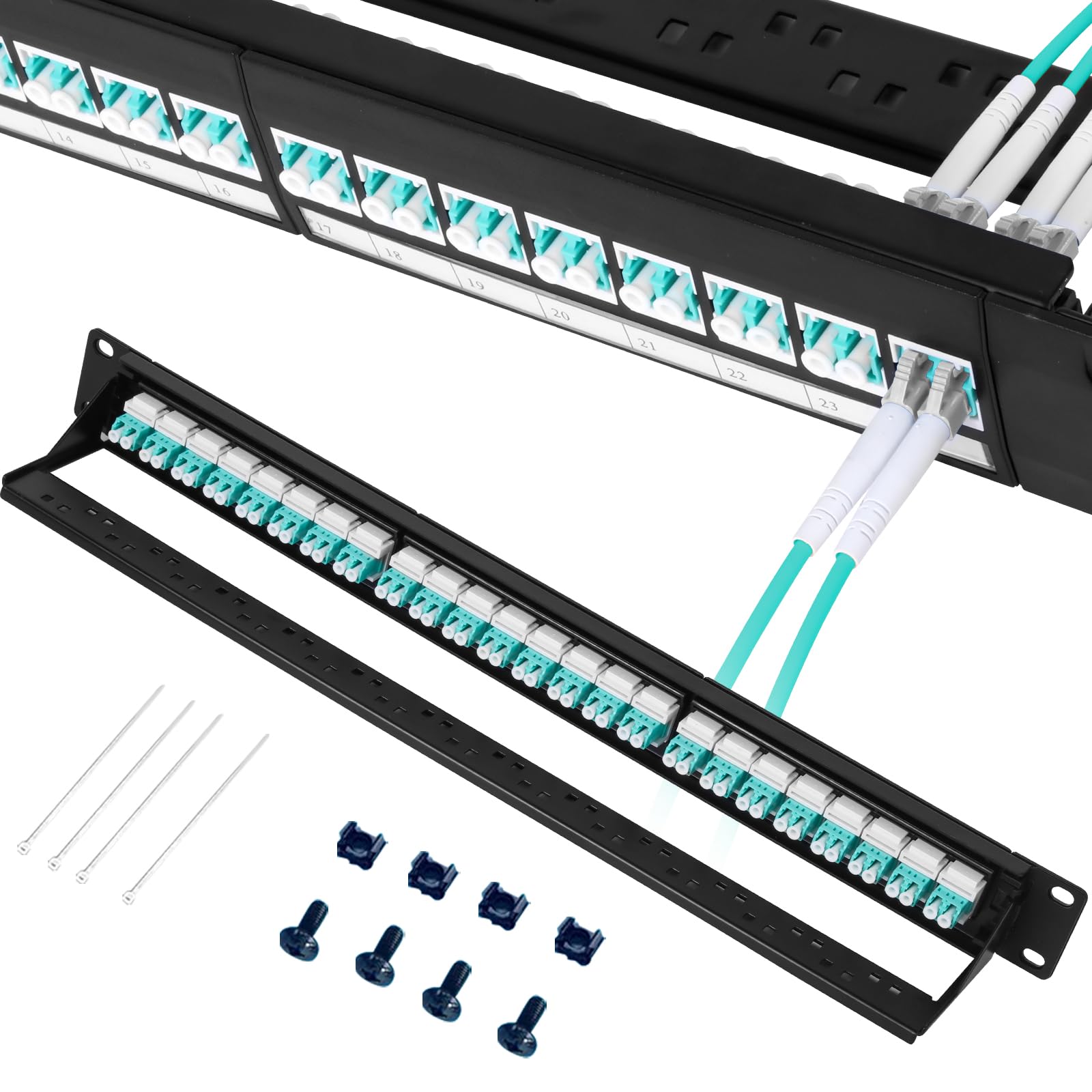 Panneau de brassage en fibre optique 1U avec 24 adaptateurs de fibre optique monomode LC OS2, coupleurs Keystone Jack modulaire avec clé en ligne blanche, connecteurs monomode pour racks